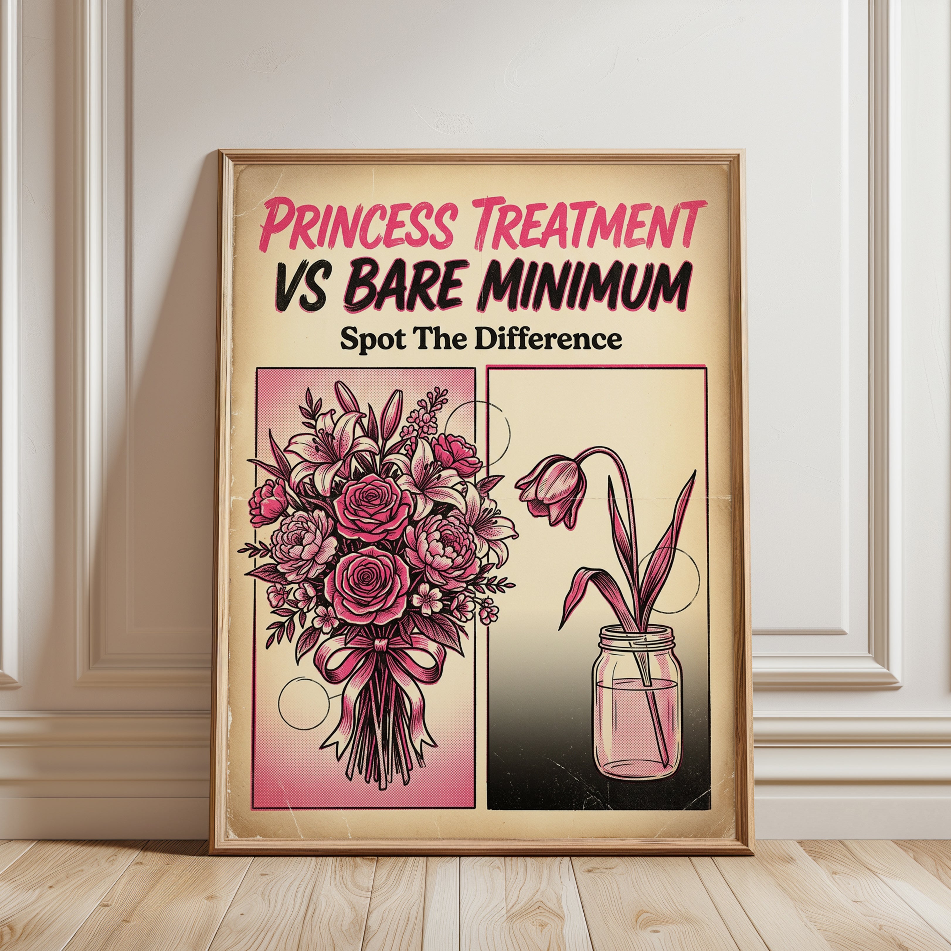 Princess Treatment vs Bare Minimum: Retro Comparison Poster - framed detail