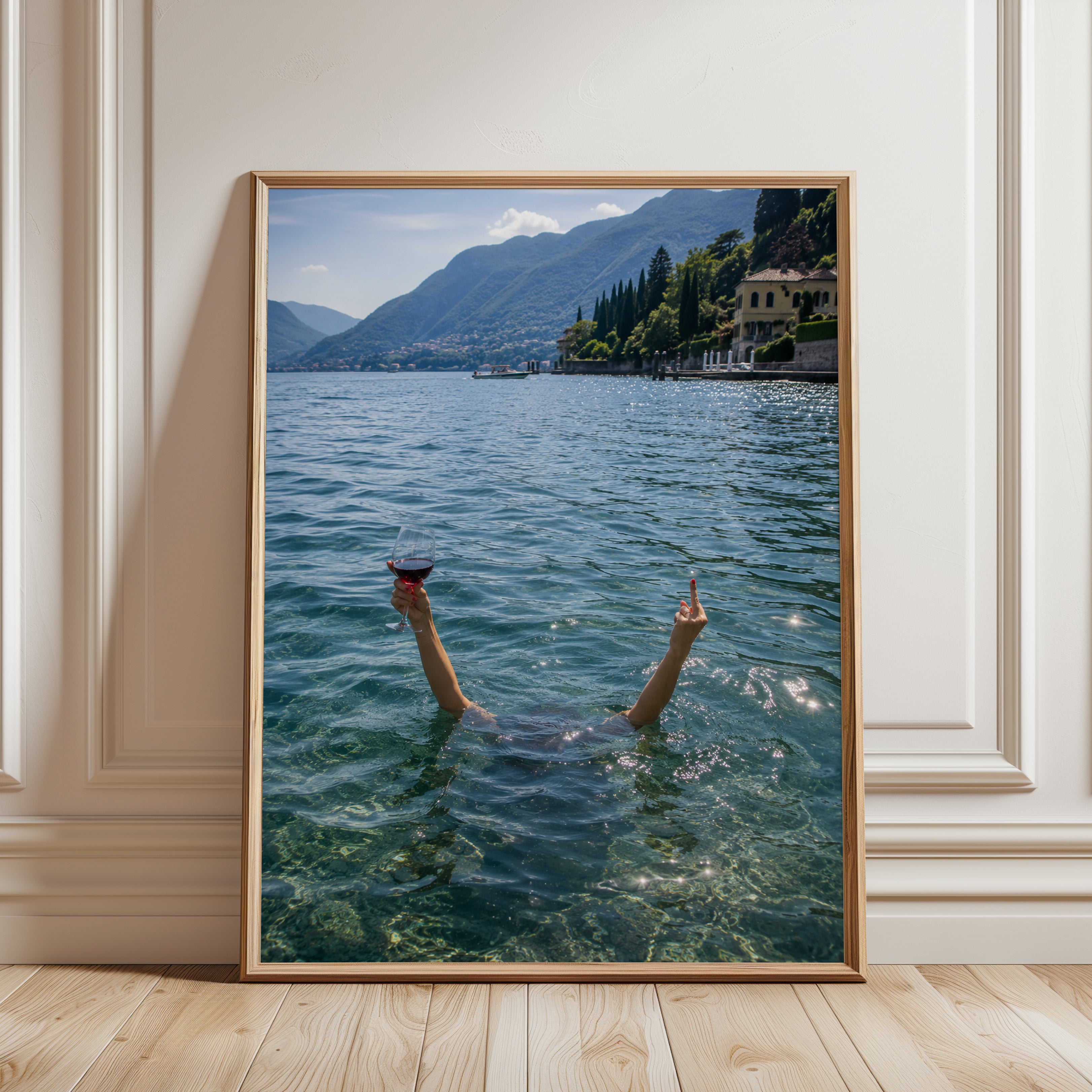 Italian Lake Swimming Art Print: Wine Glass Summer Lifestyle - framed detail