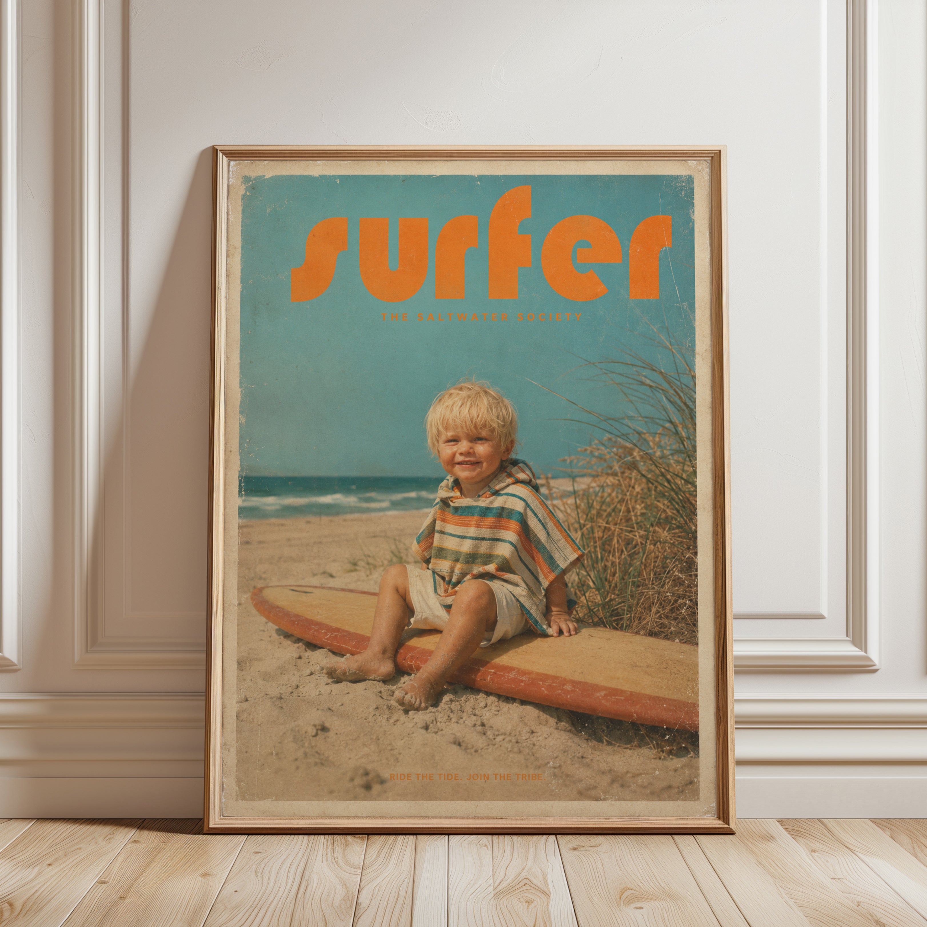 Vintage Surfer Print — Retro Beach Boy Magazine Cover - framed detail