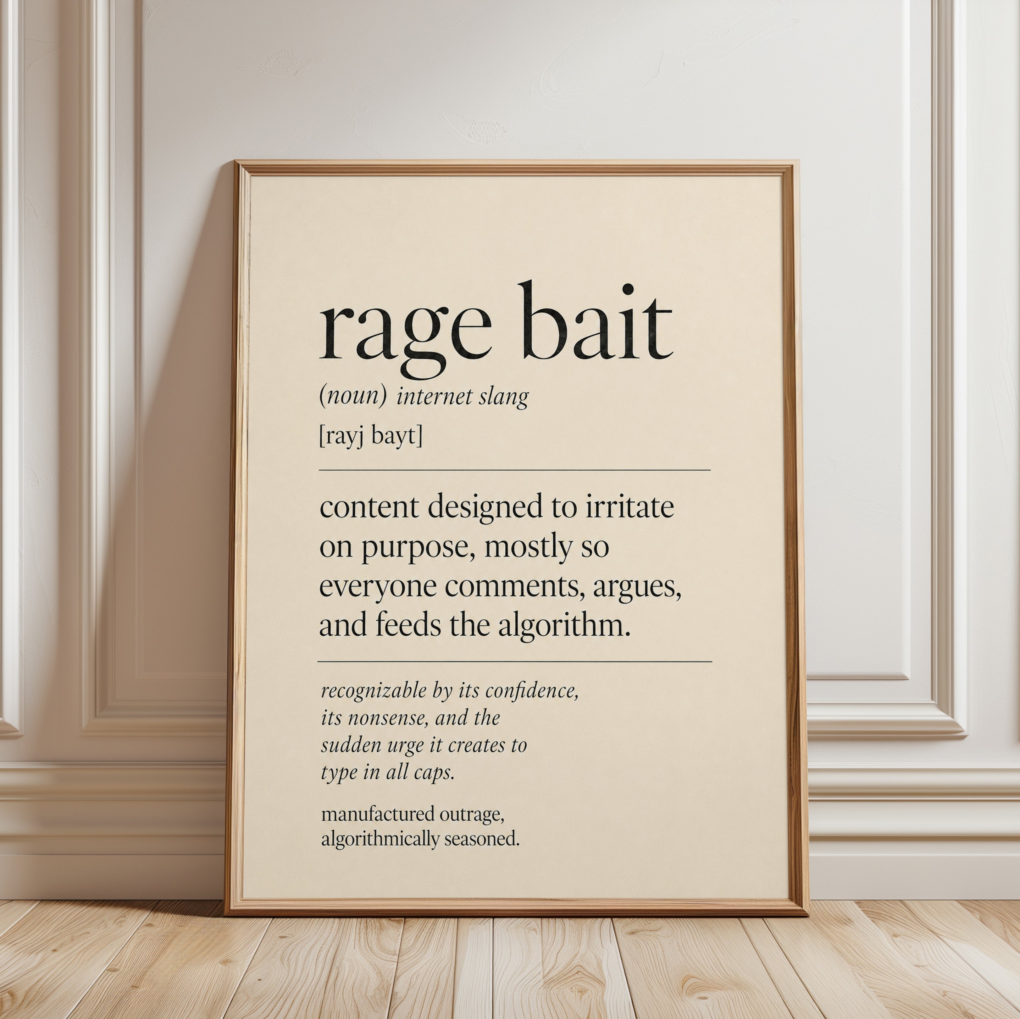 Rage Bait Definition Print: Modern Typography Wall Art - framed detail