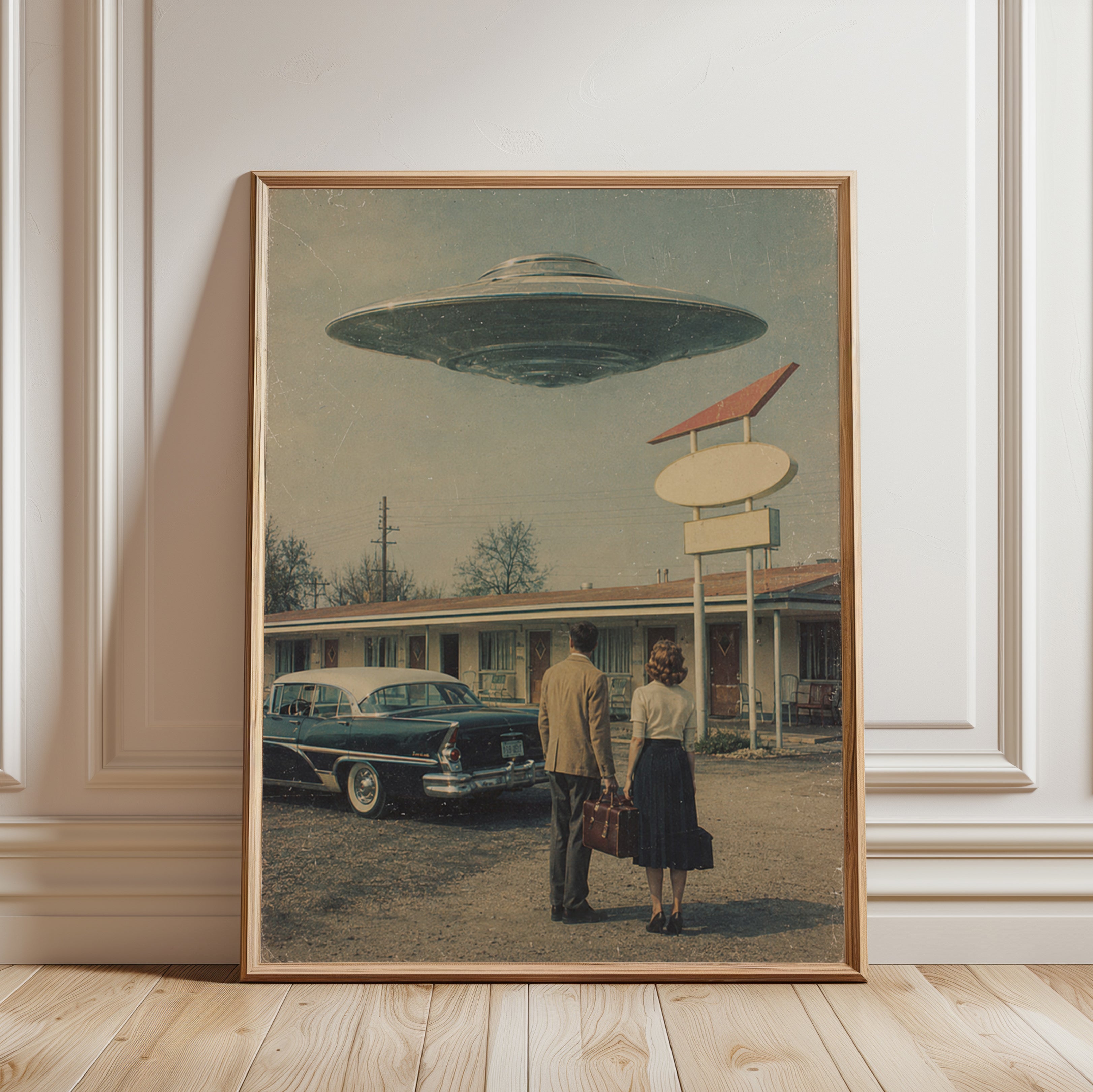 Retro UFO Motel Encounter: Vintage 1950s Science Fiction Art Print - framed detail