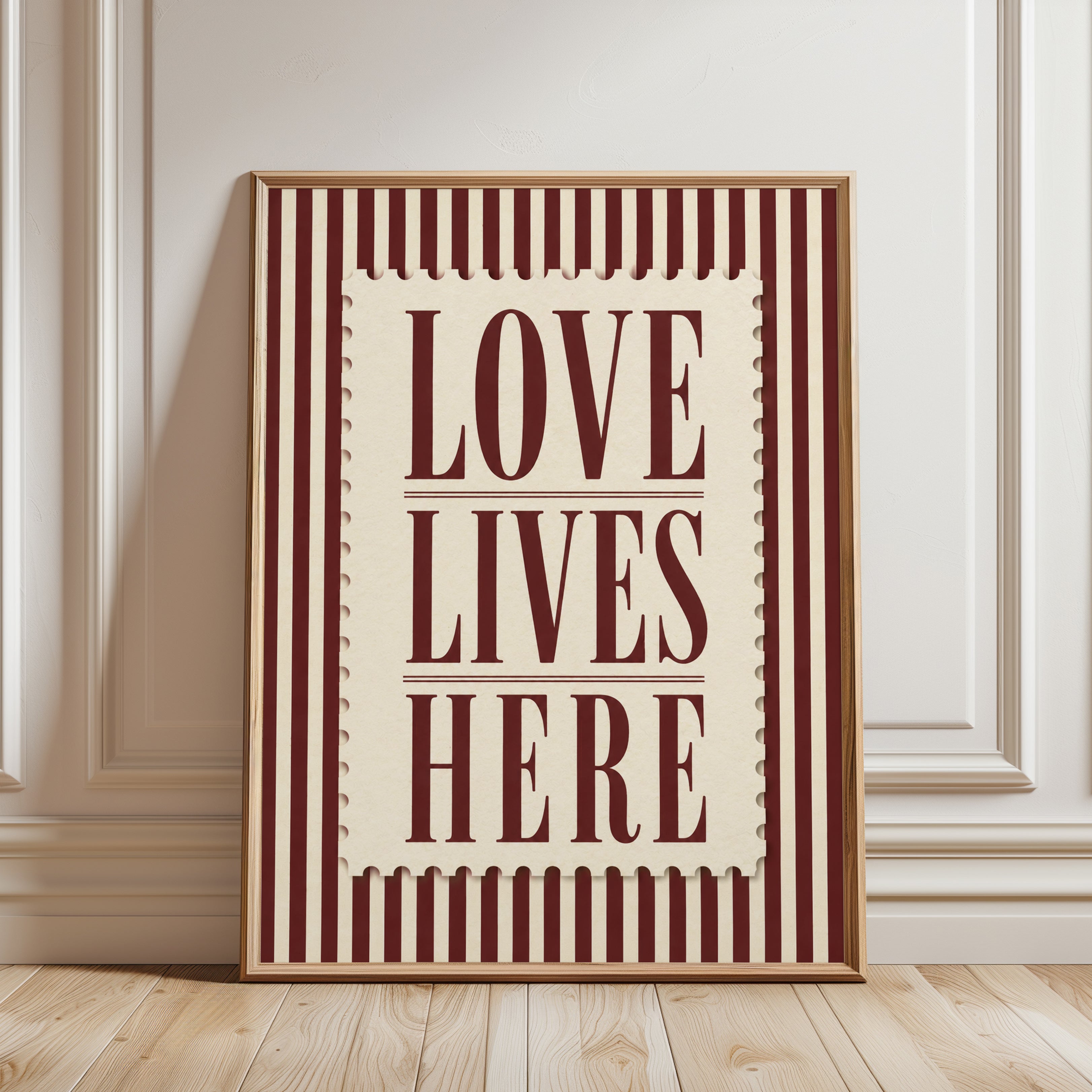 Love Lives Here Typography Print: Vintage Red Striped Wall Art - framed detail