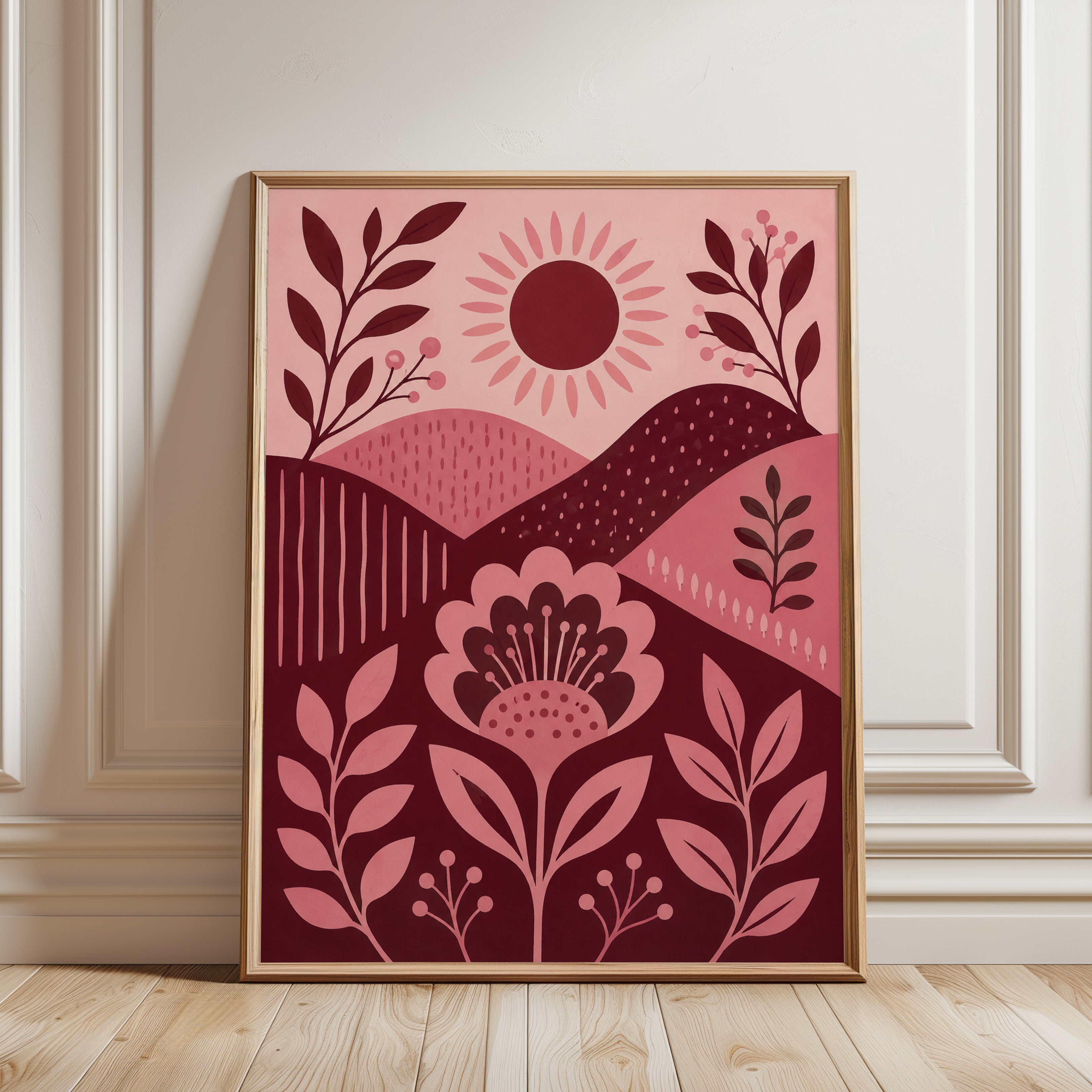 Folk Art Floral Print – Pink Sun Landscape Art - framed detail