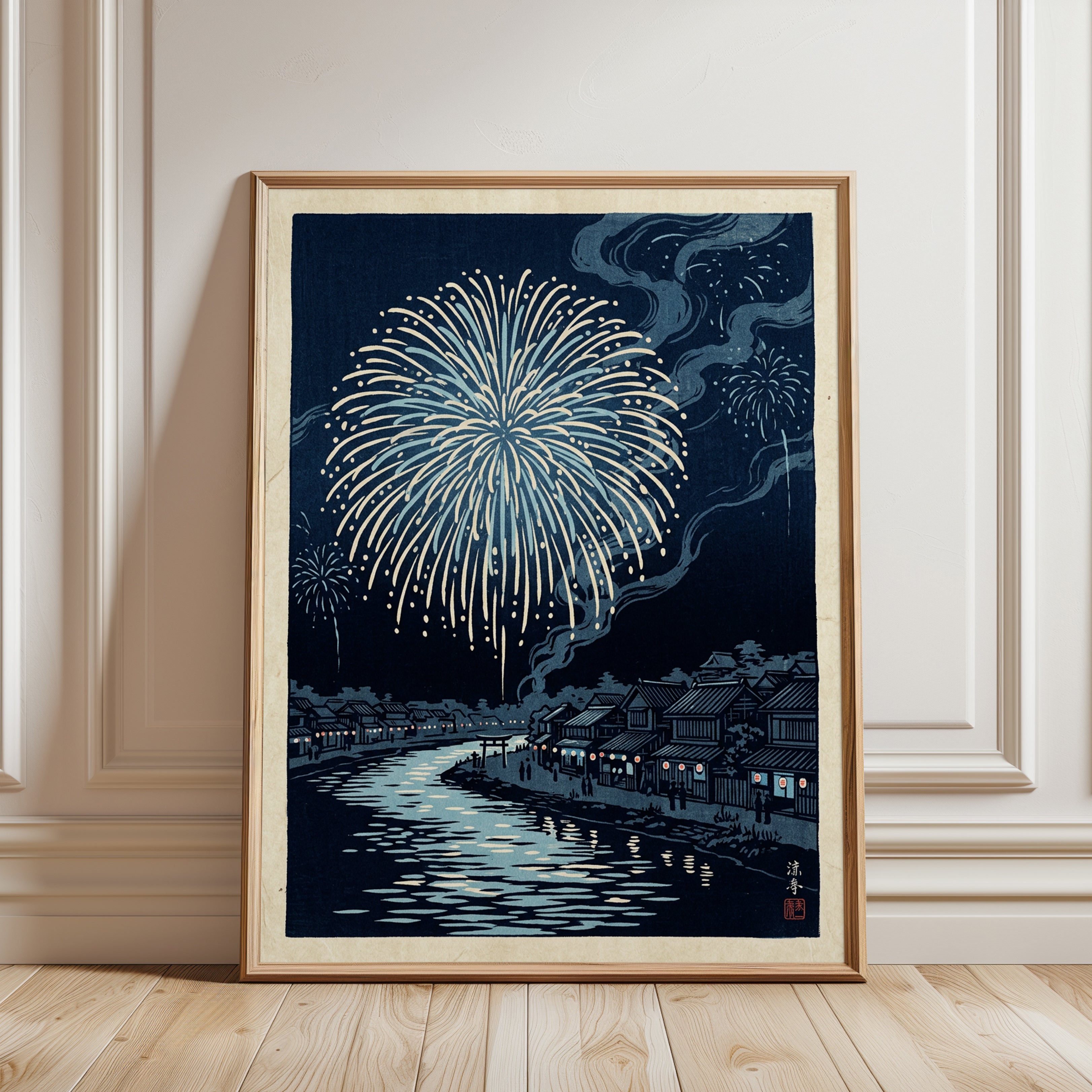 Japanese Fireworks Over River Town: Ukiyo-e Style Art Print - framed detail