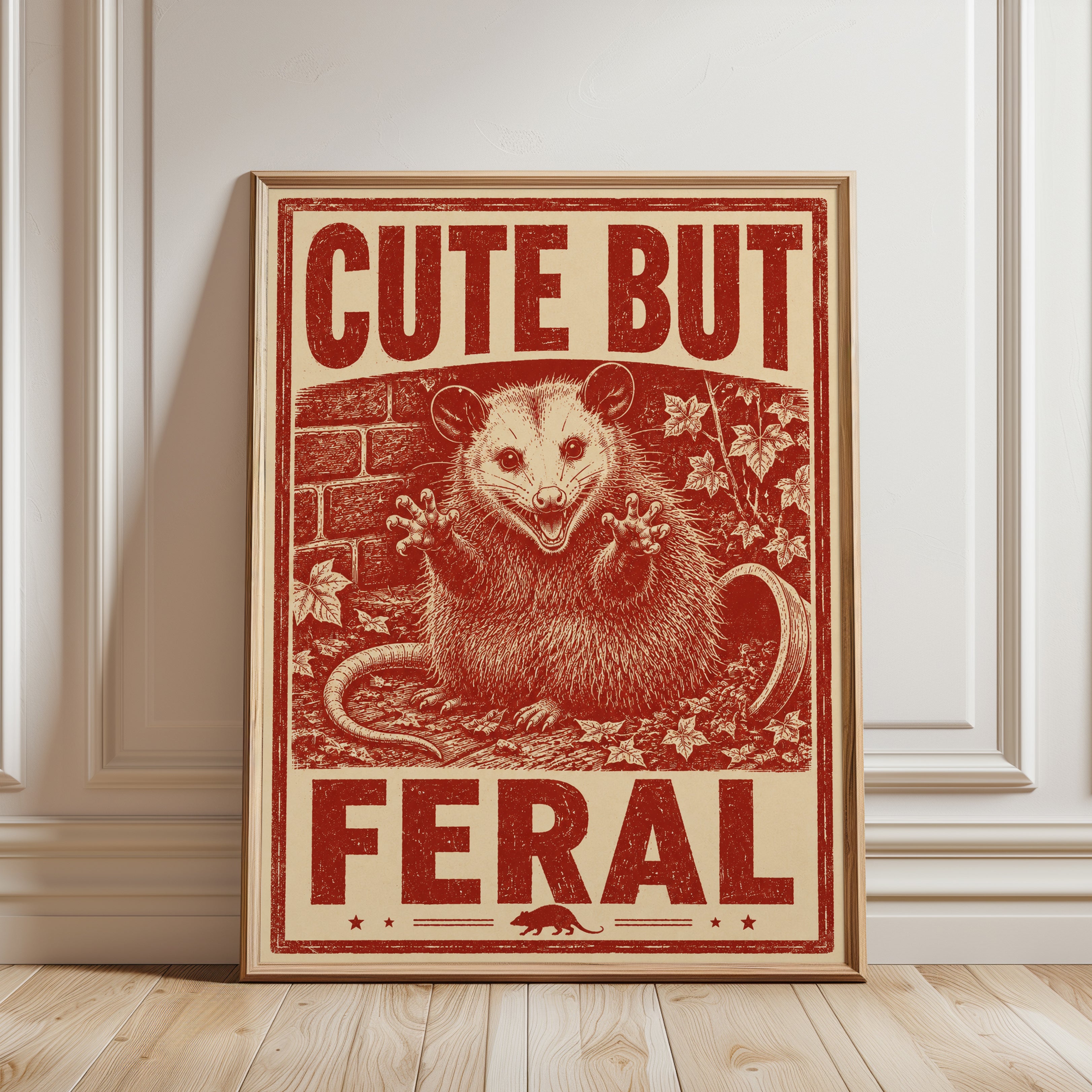Cute But Feral Opossum Print: Vintage Red Propaganda Poster Art - framed detail