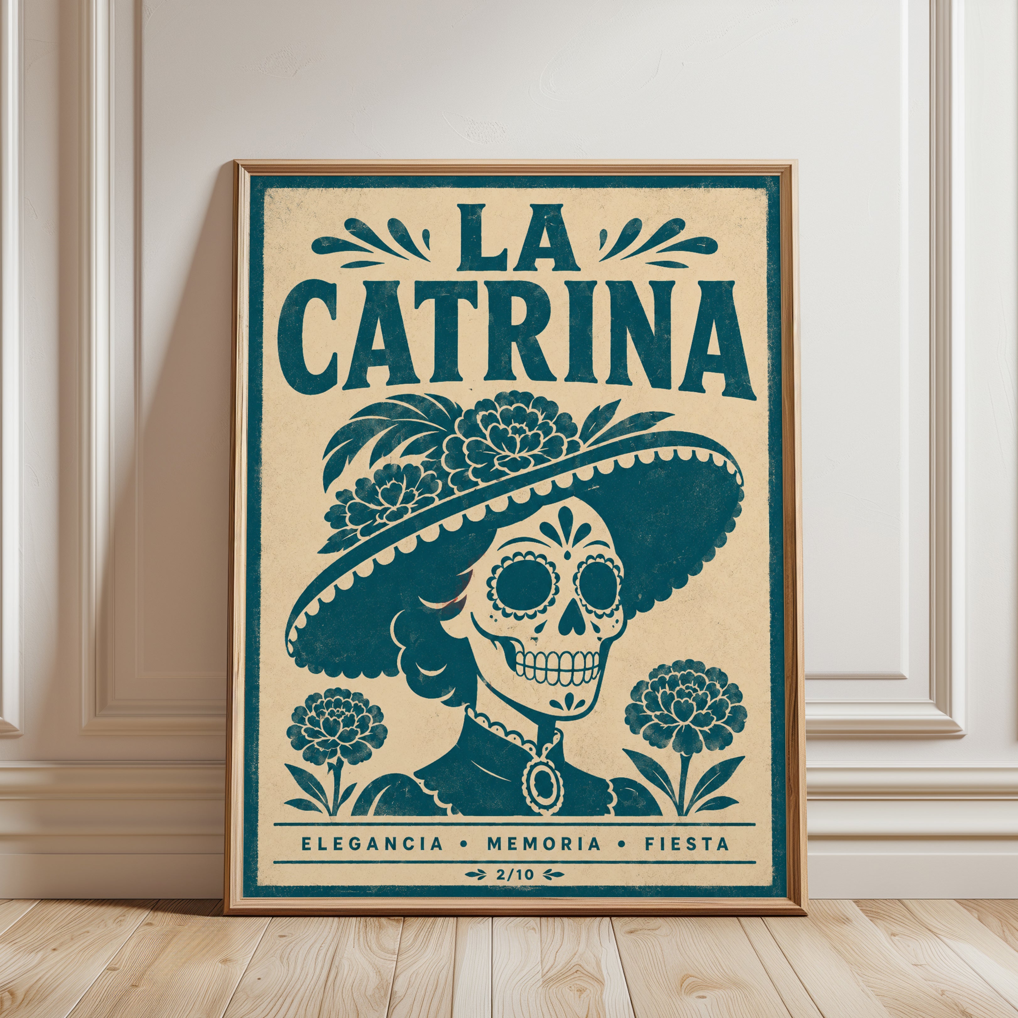 Day of the Dead Print: La Catrina Sugar Skull (Mexican Folk Art) - framed detail
