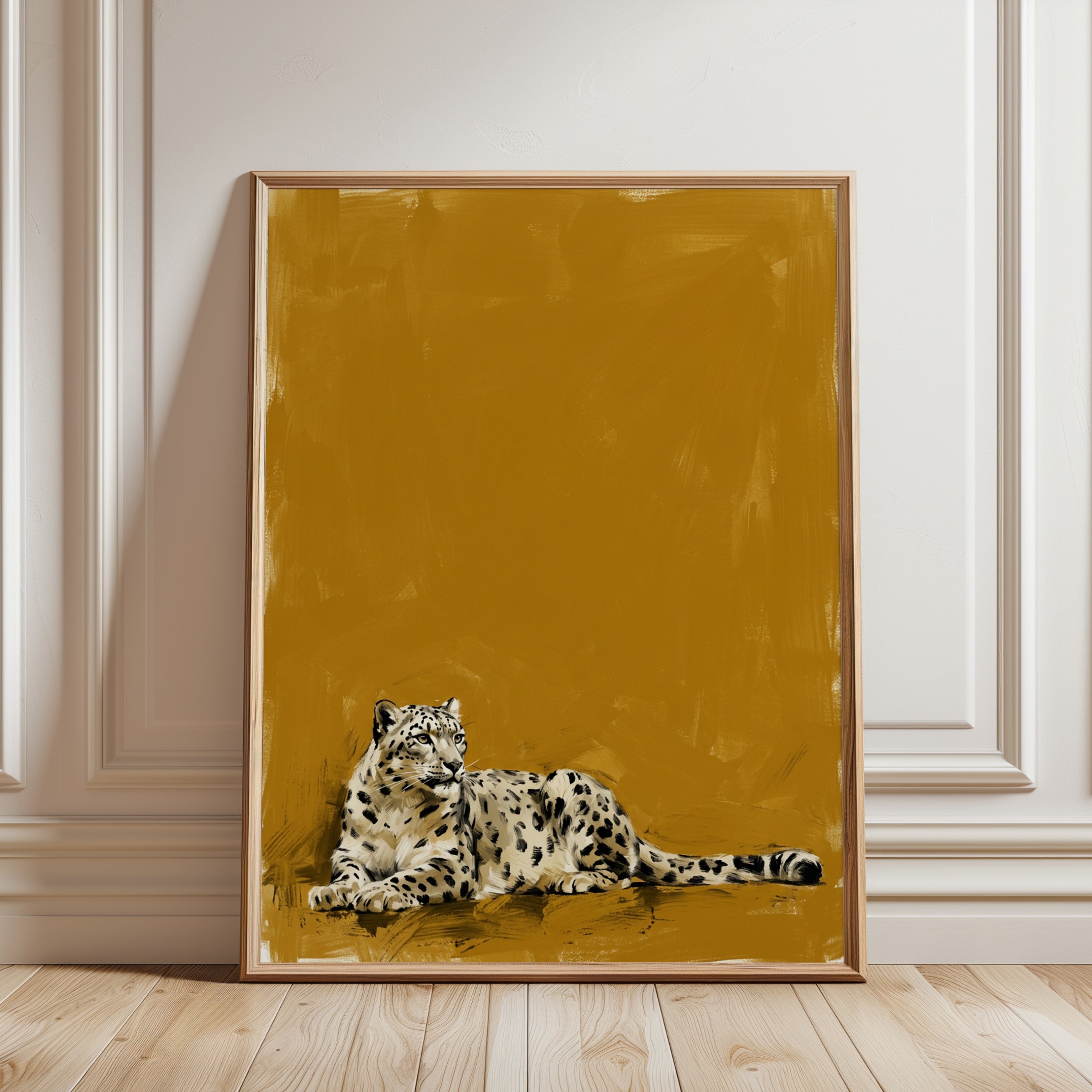 Snow Leopard Wall Art: Minimalist Wildlife on Golden Ochre - framed detail