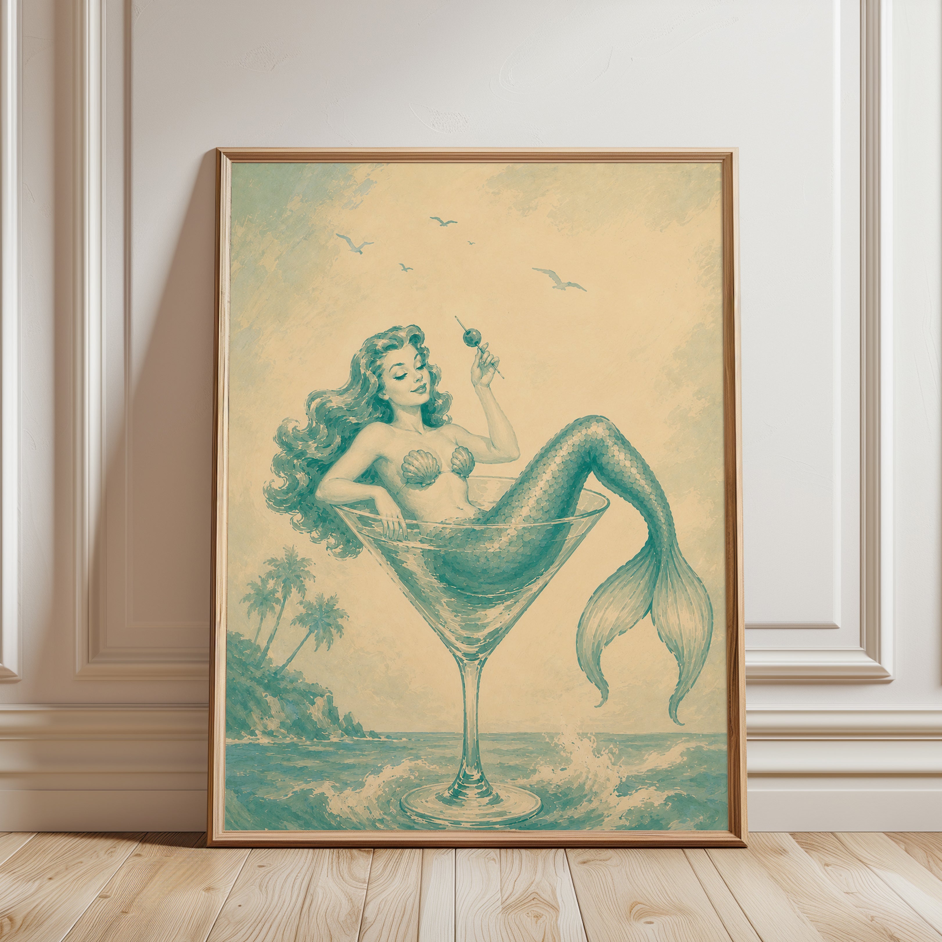 Mermaid Martini Art Print: Vintage Teal Beach Cocktail Poster - framed detail