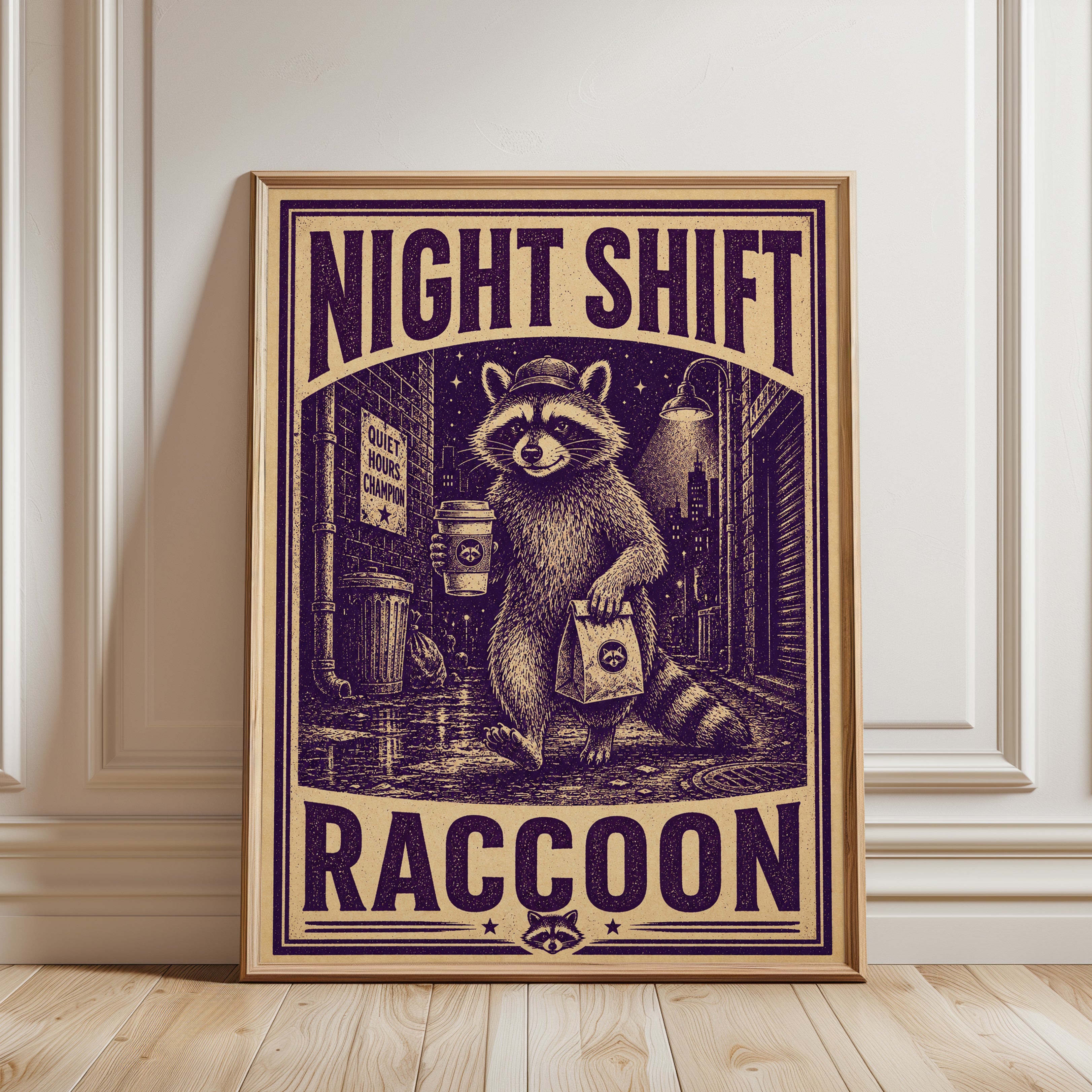 Raccoon Wall Art: Vintage Night Shift Illustration - framed detail