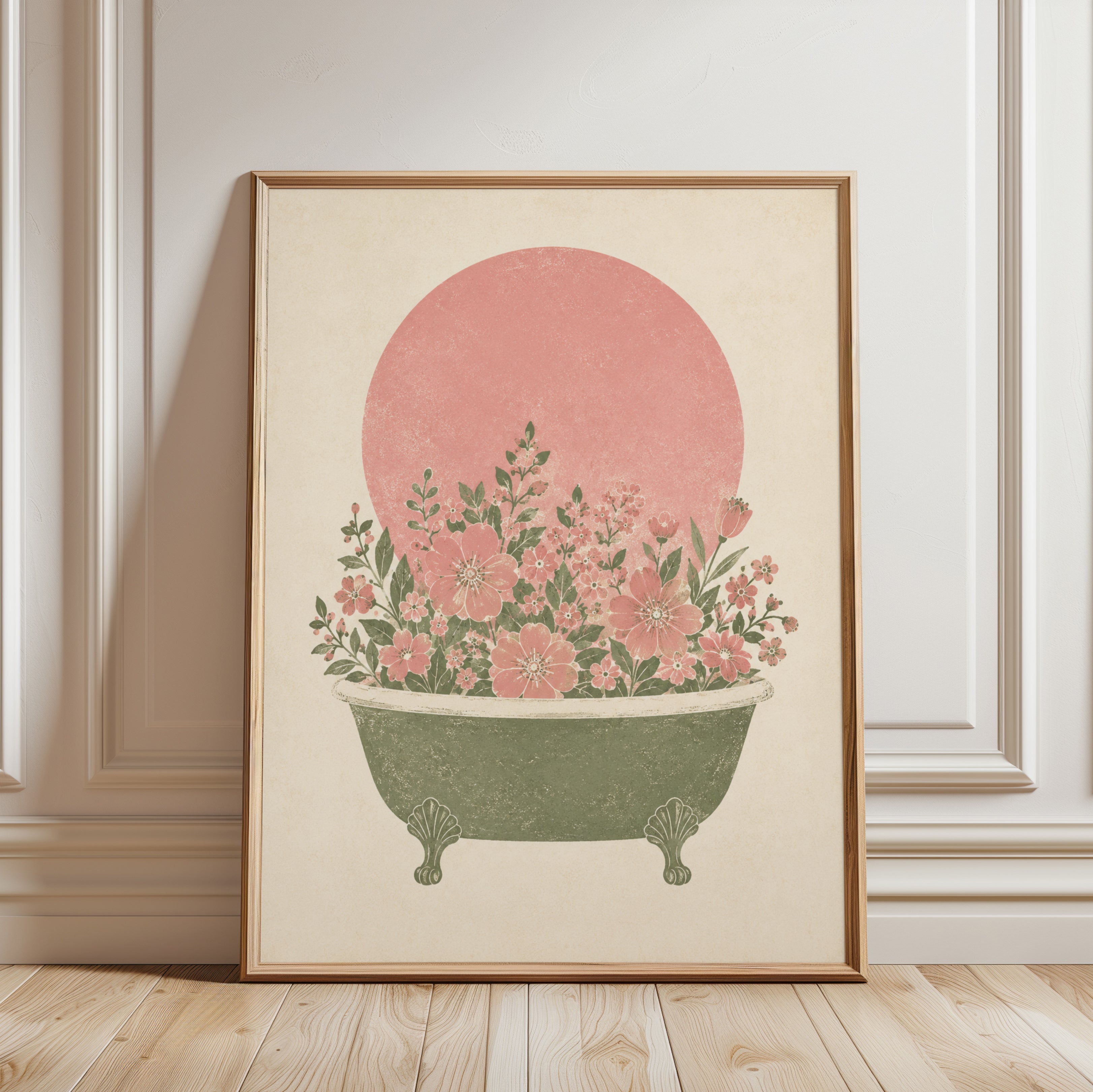 Bathtub Flower Wall Art – Vintage Bathroom Print - framed detail