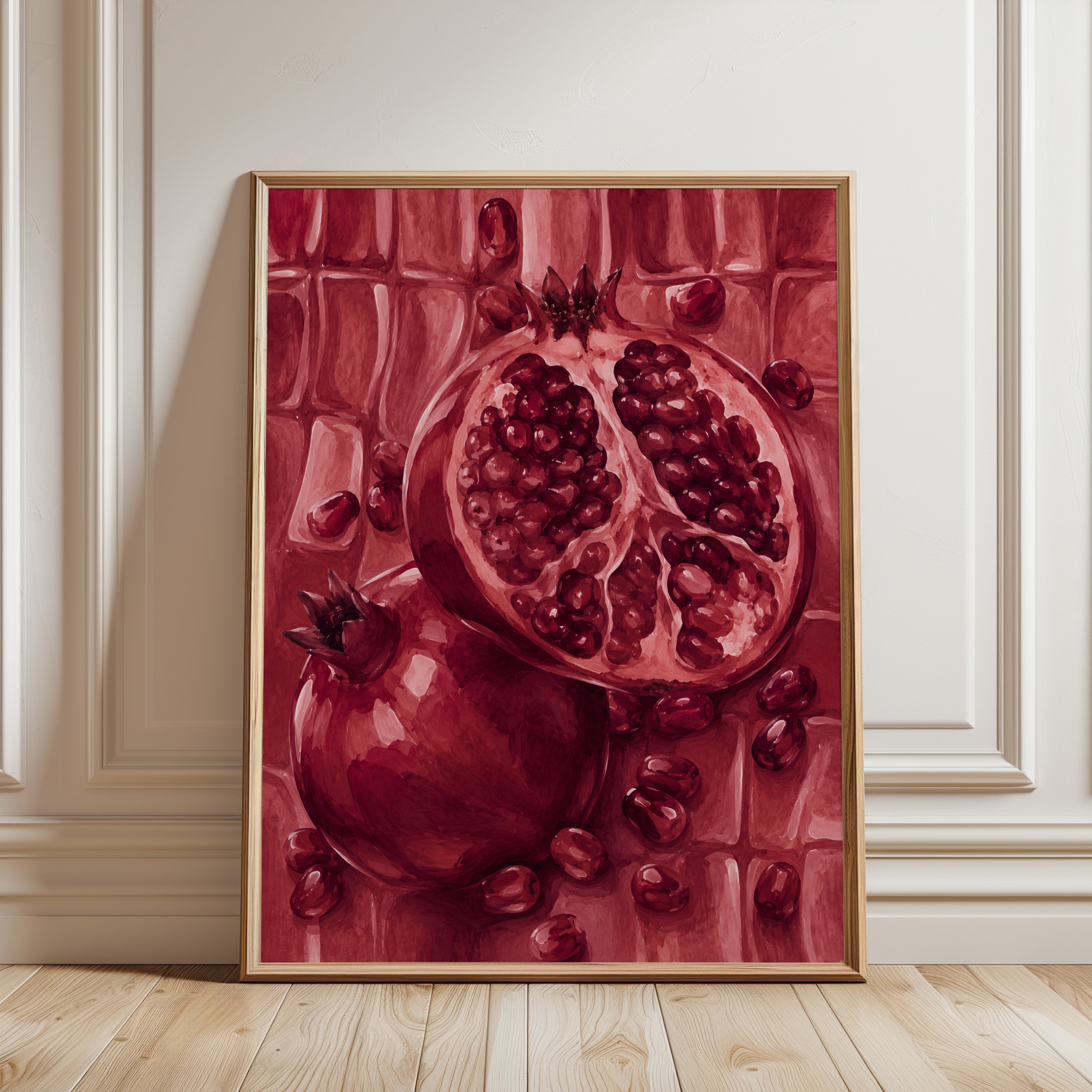 Red Pomegranate Still Life: Monochromatic Kitchen Wall Art - framed detail