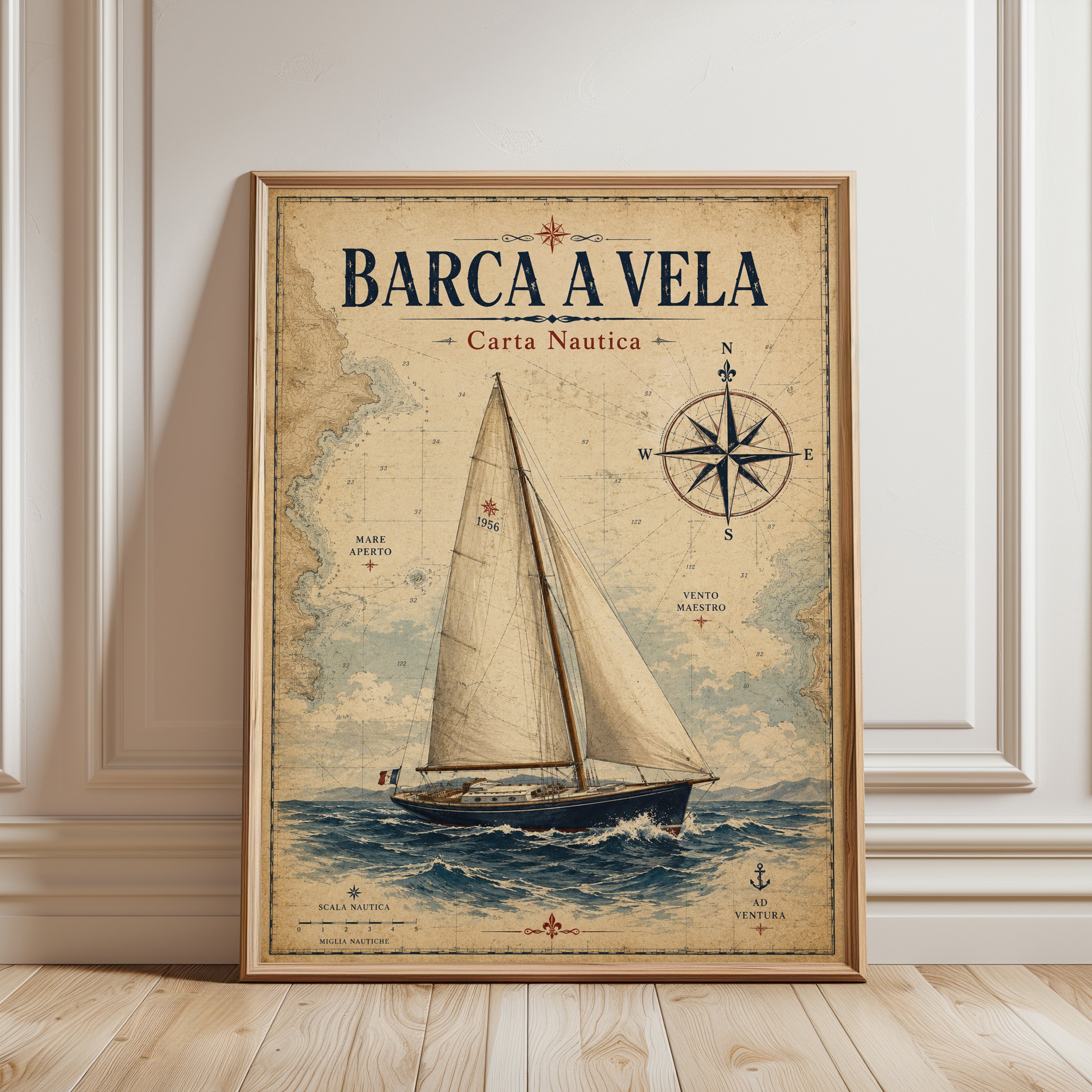 Vintage Nautical Chart Sailboat Print: Aged Maritime Map Art - framed detail
