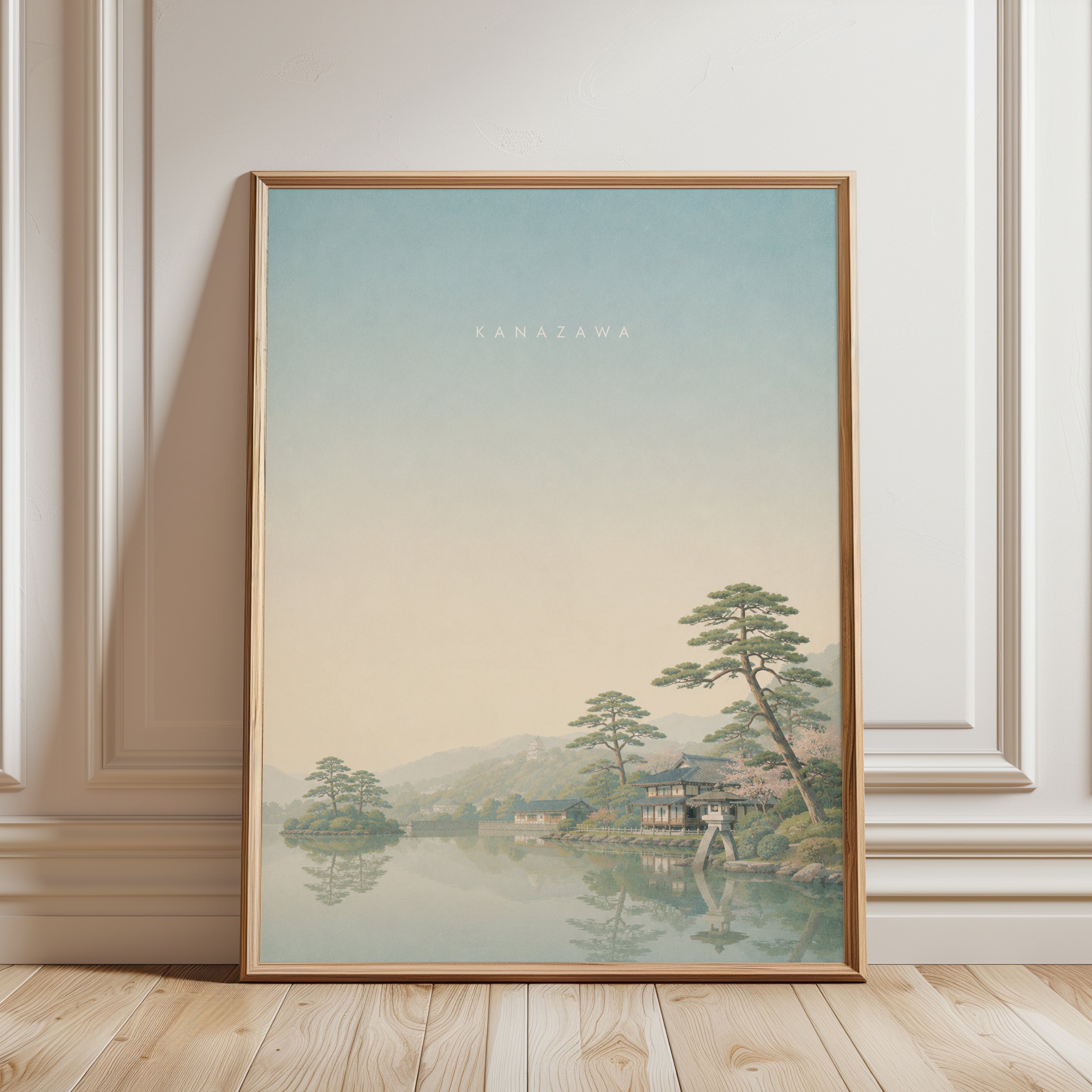 Kanazawa Japan Travel Poster: Serene Lake Landscape Wall Art - framed detail