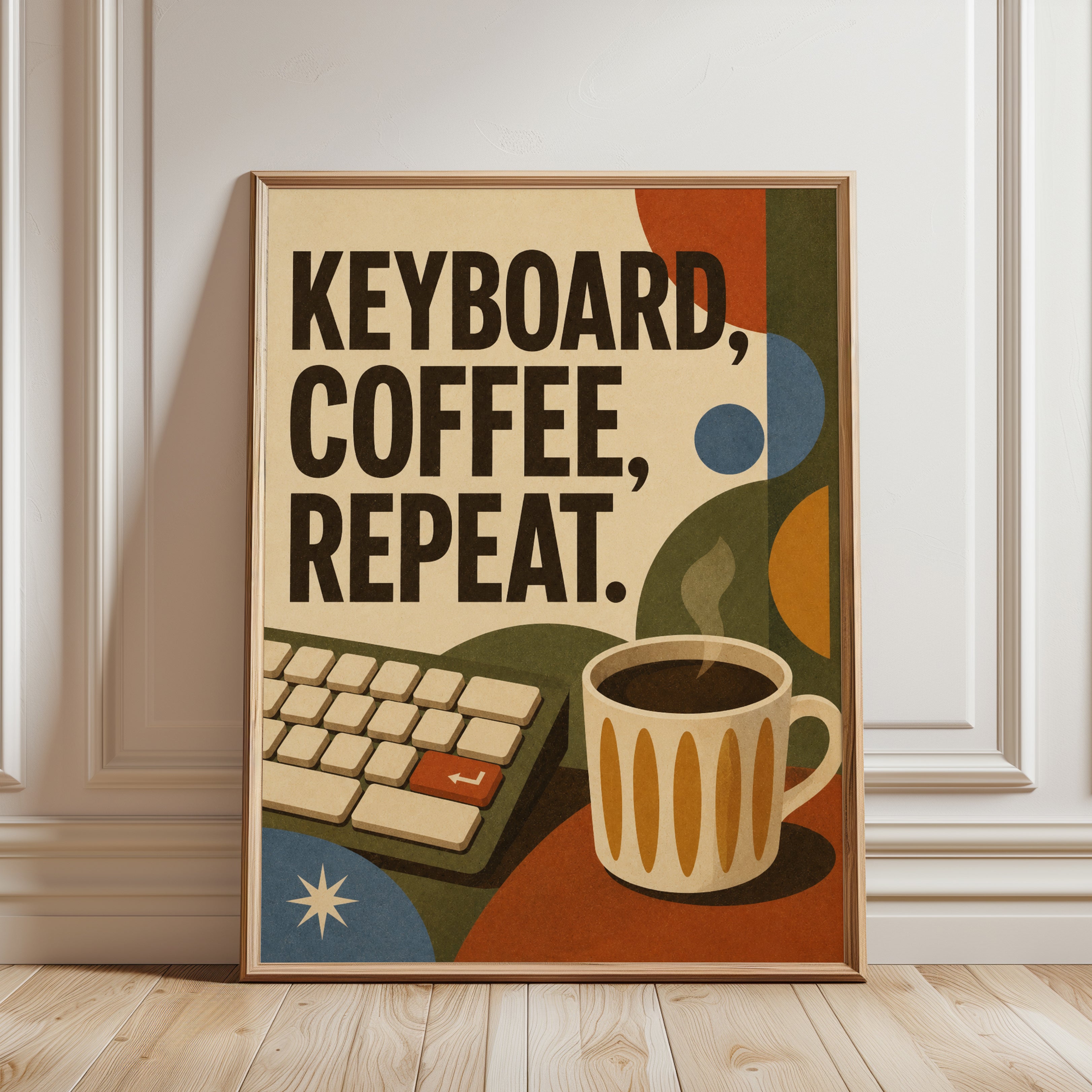 Keyboard Coffee Repeat Poster: Retro Mid-Century Office Art - framed detail
