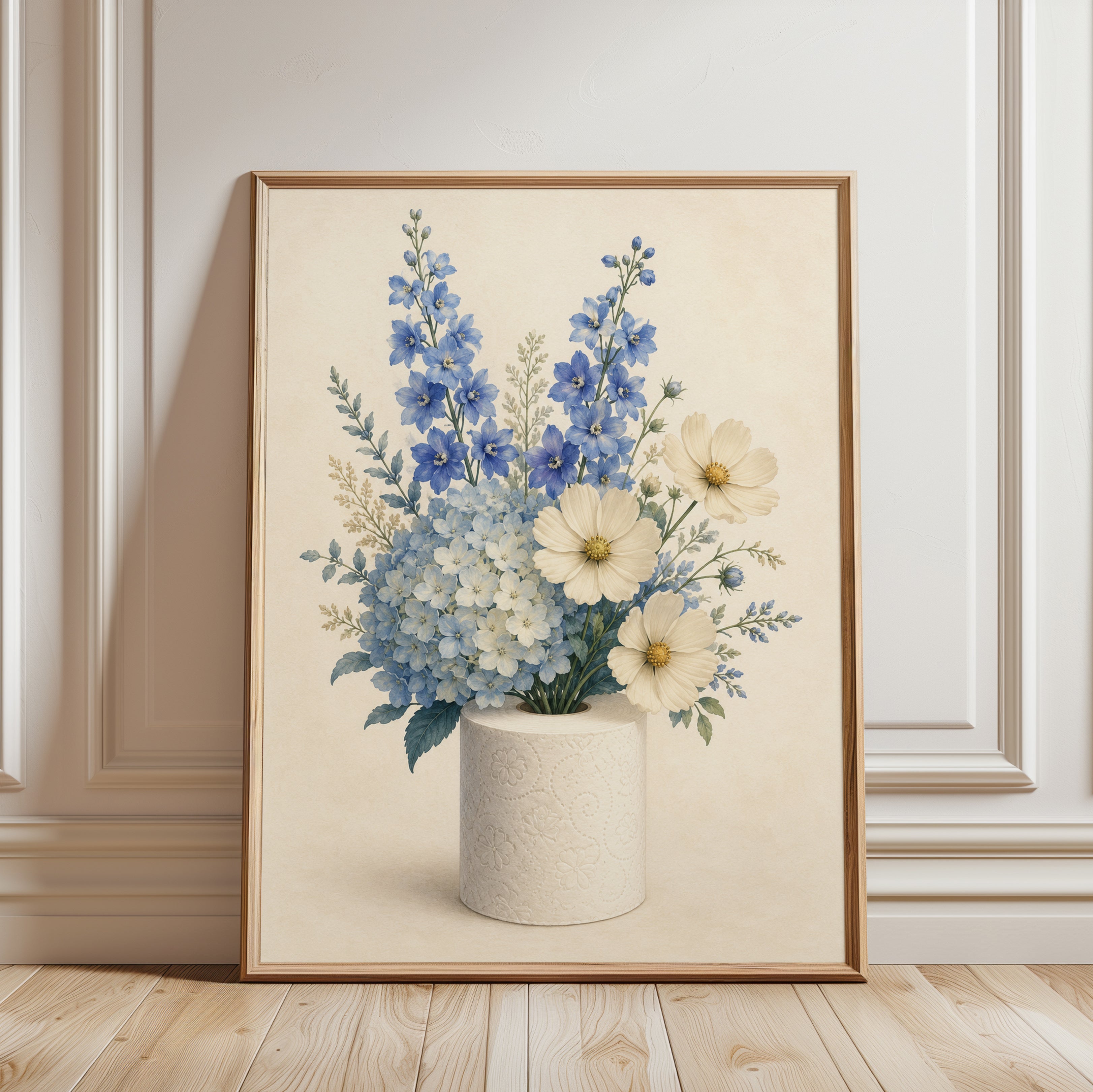 Blue Delphinium Bouquet Print: Vintage Botanical Wall Art - framed detail