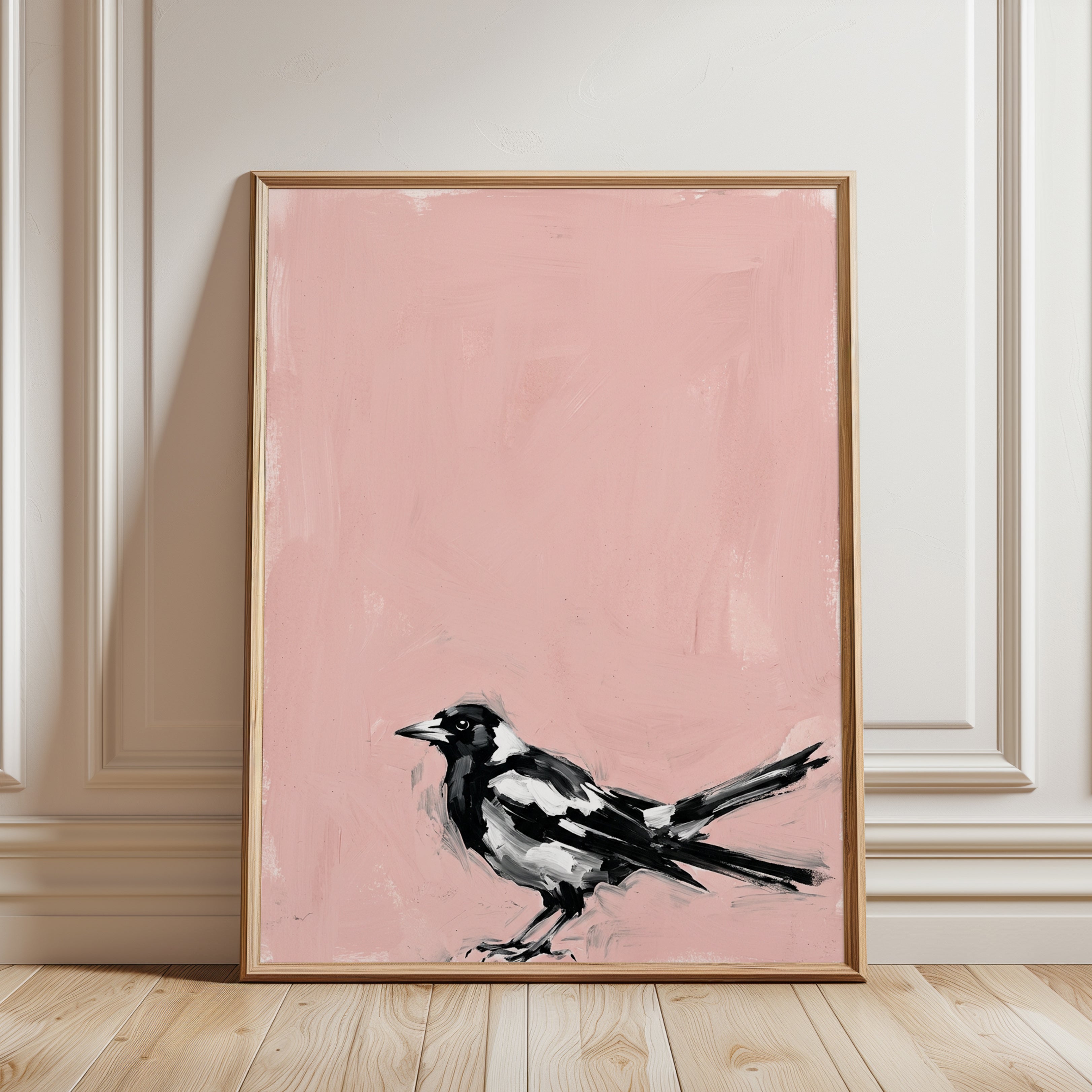 Magpie Bird Art Print: Black and White on Pink Background - framed detail