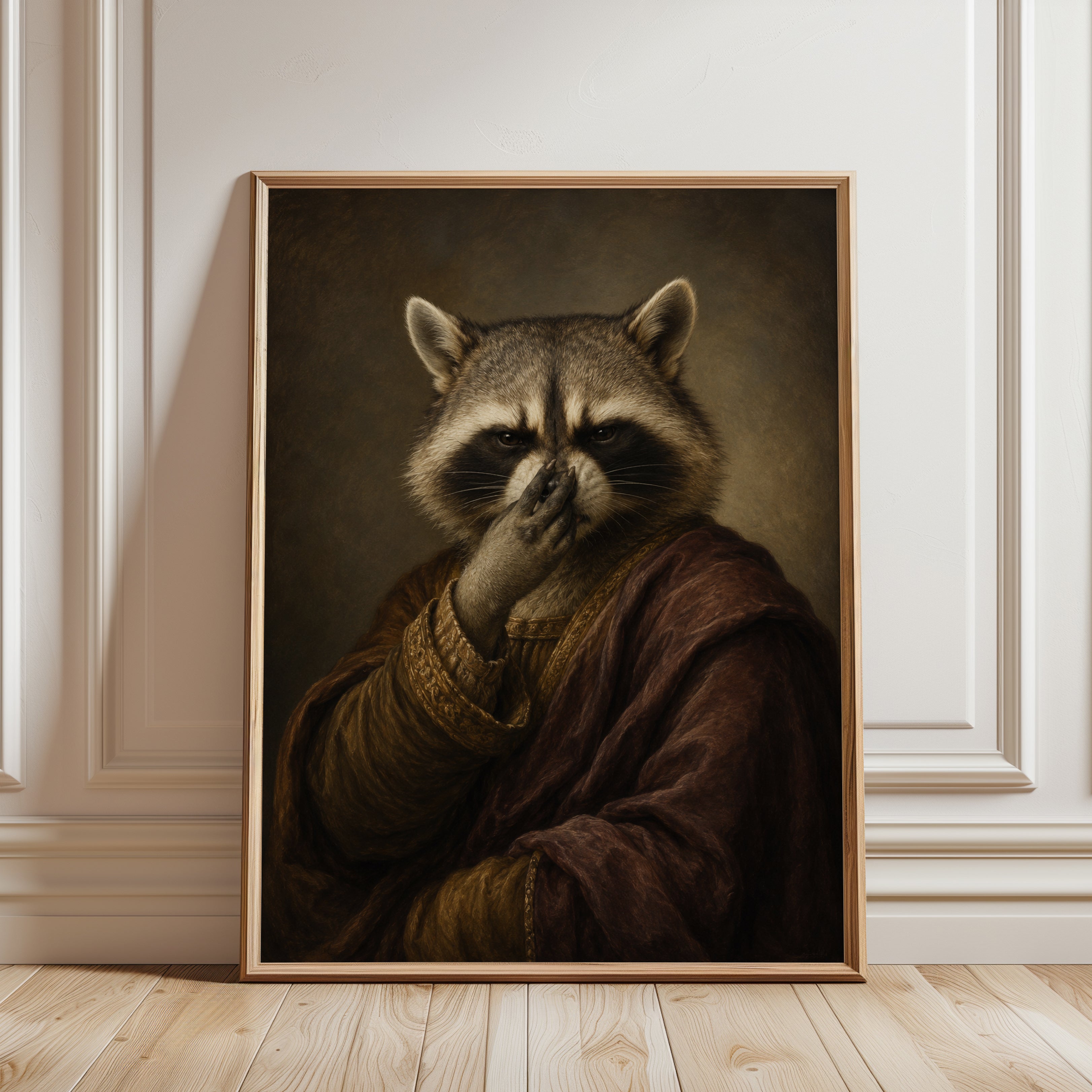 Funny Bathroom Poster Renaissance Raccoon Portrait Print: Whimsical - framed detail