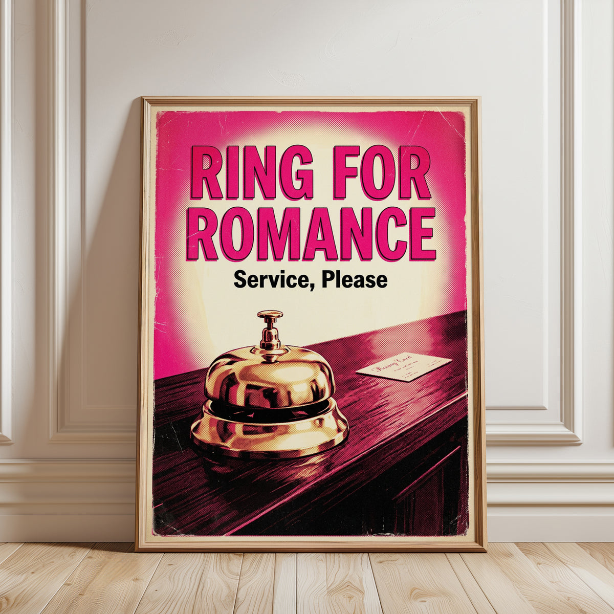 Ring for Romance Retro Poster: Vintage Pink Service Bell Art - framed detail
