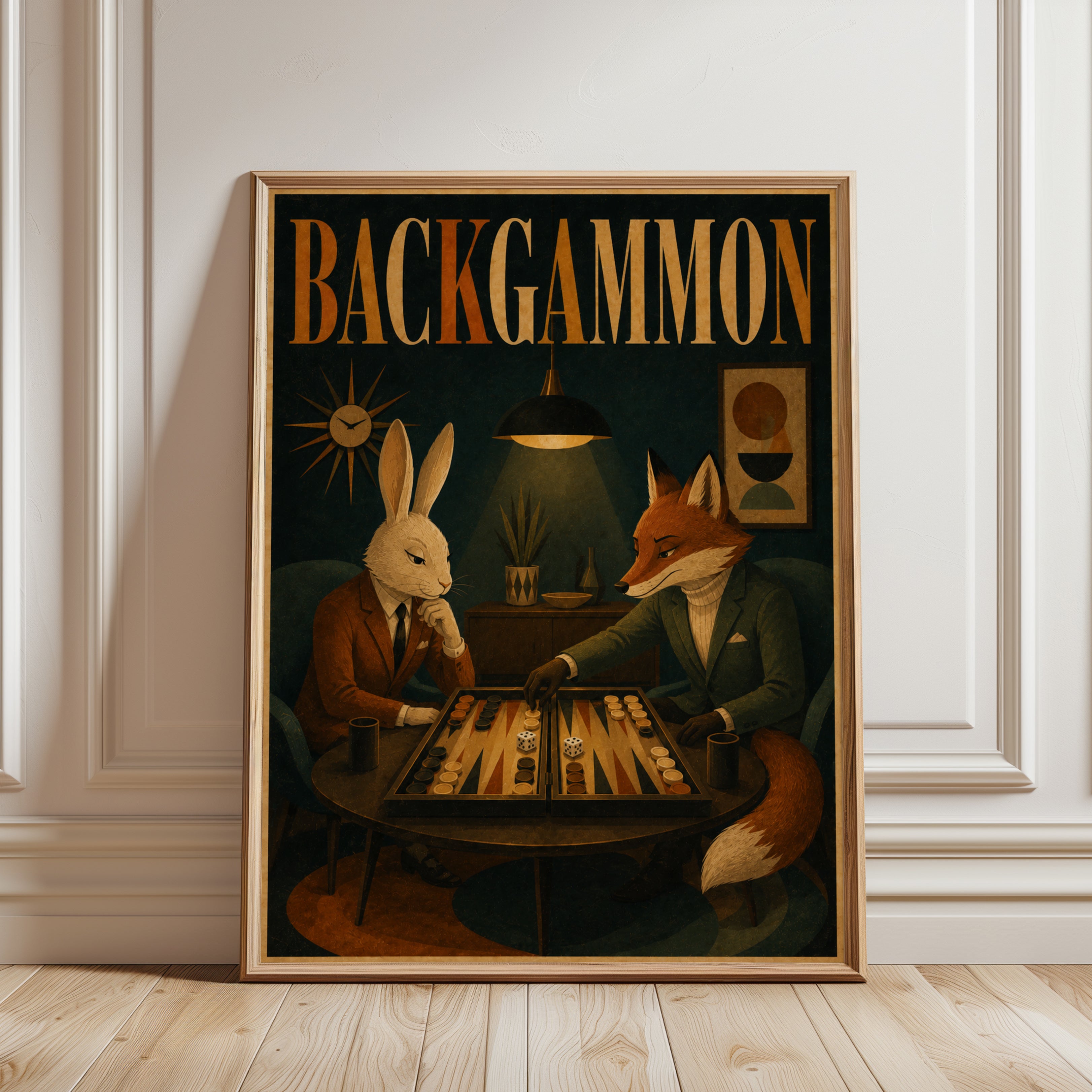 Backgammon Art Print: Mid-Century Fox and Rabbit Game Room Poster - framed detail