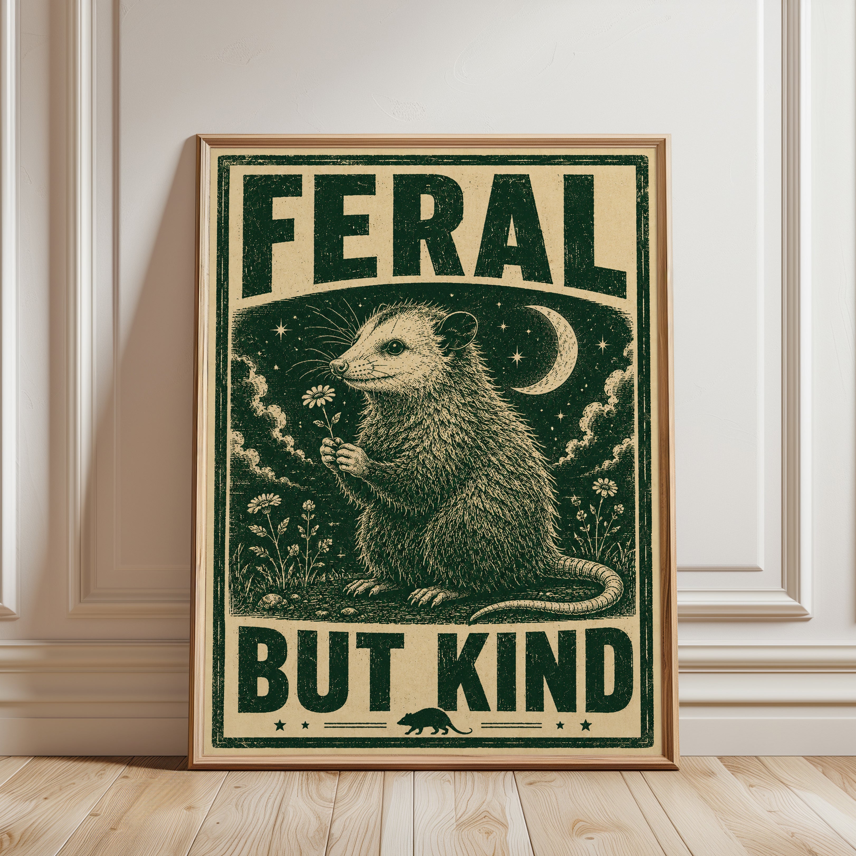 Possum Wall Art: Vintage Folk Style - framed detail