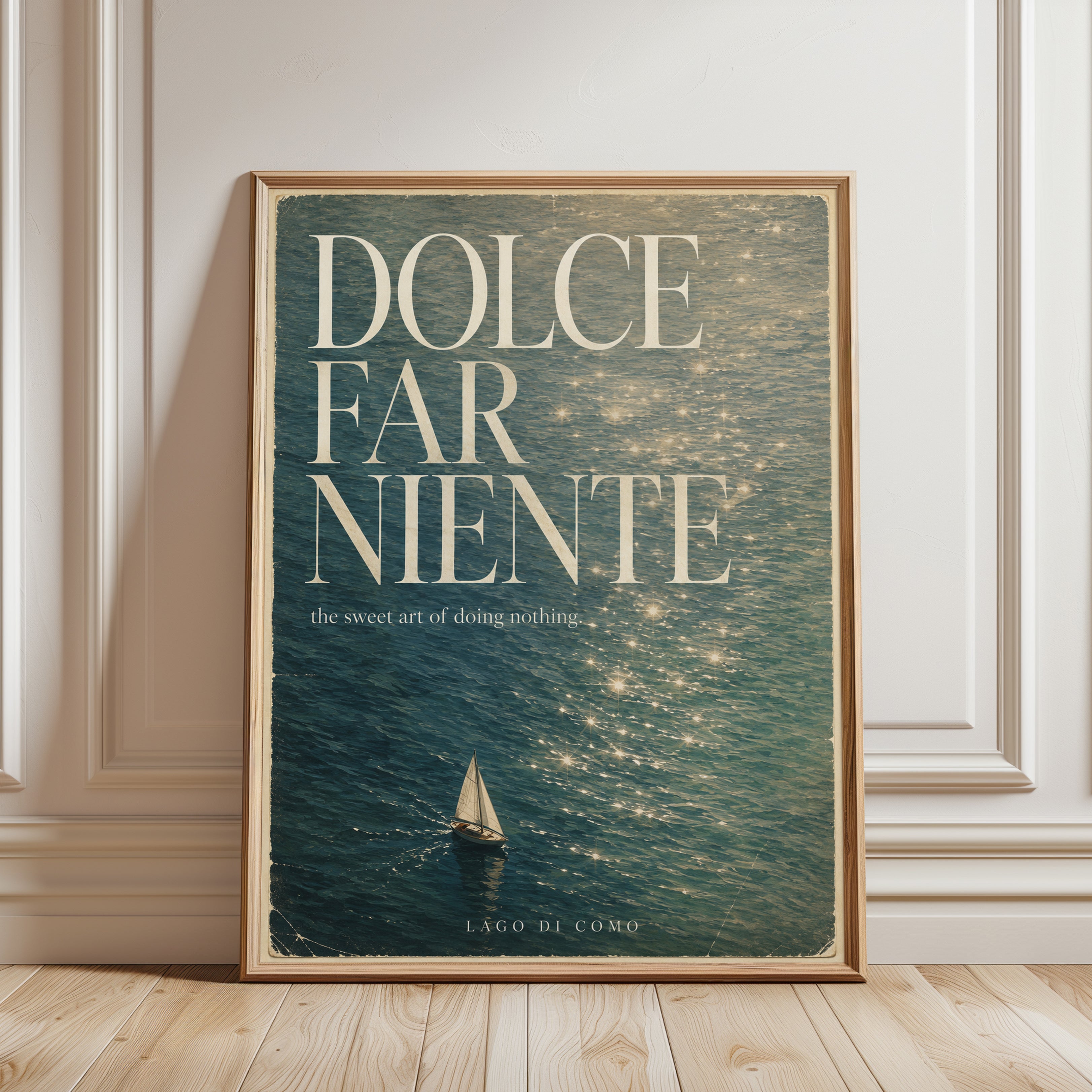 Dolce Far Niente Vintage Travel Poster: Lake Como Sailboat Art - framed detail