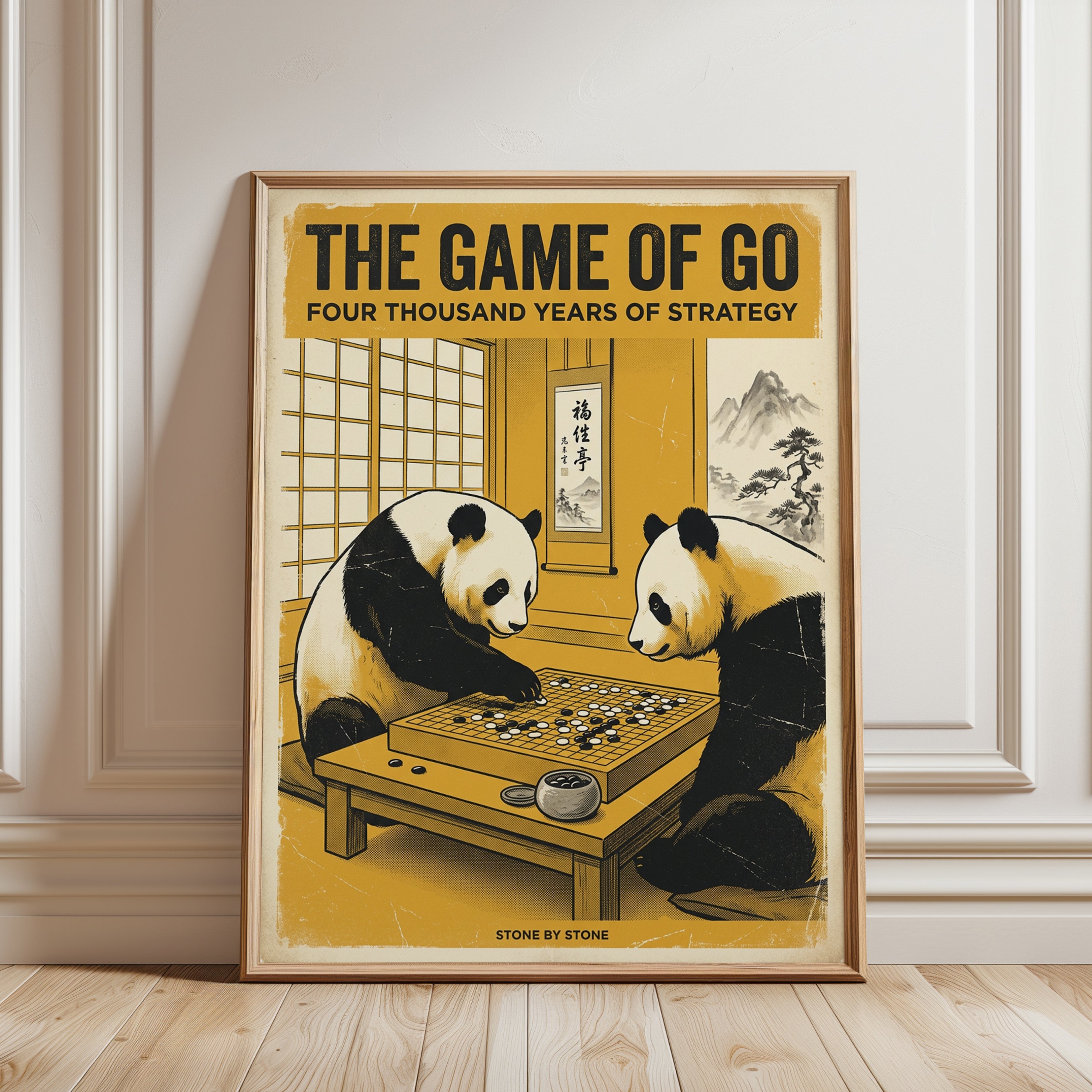 Pandas Playing Go Game Poster: Vintage Japanese Style Art Print - framed detail