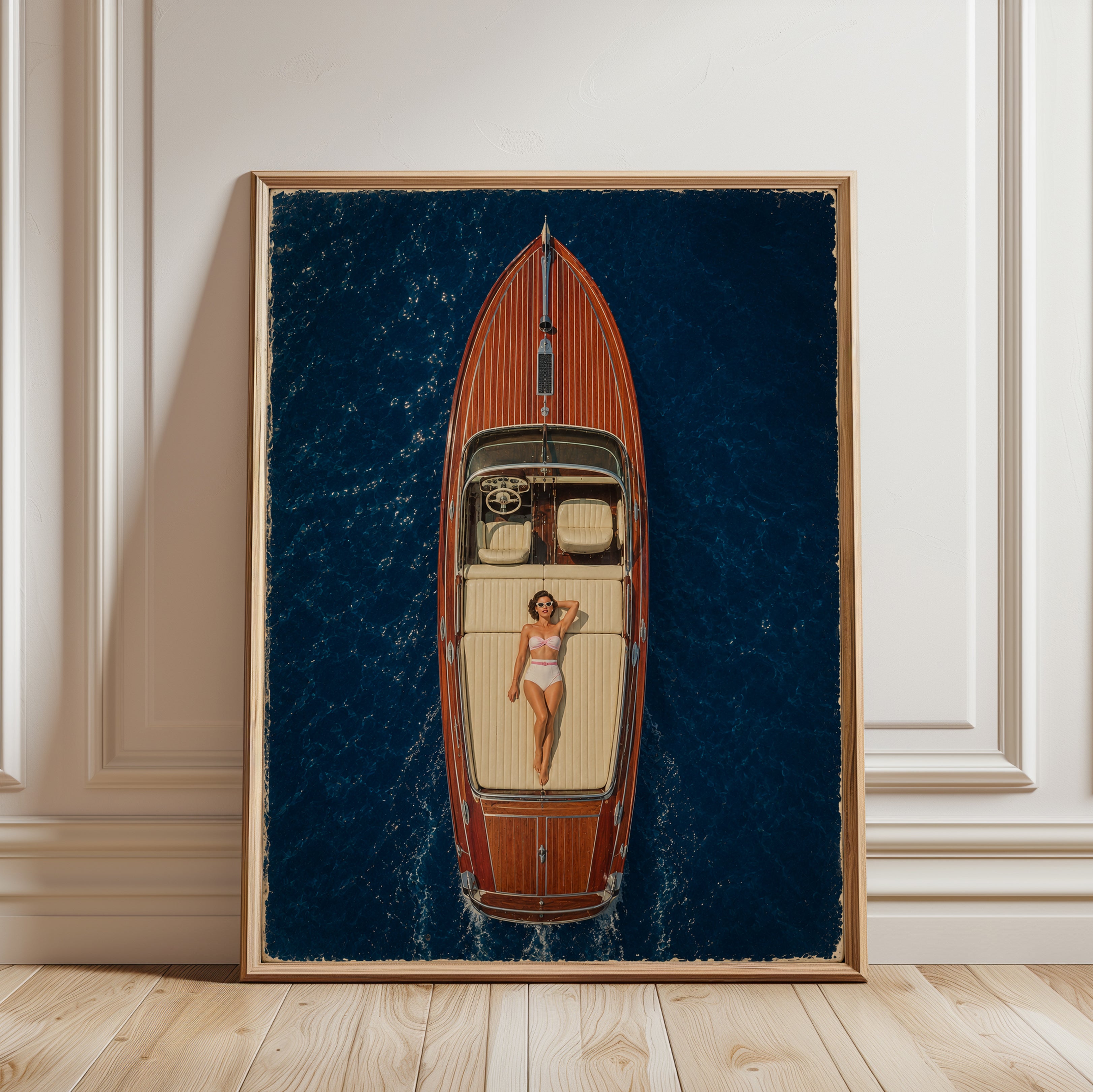 Vintage Wooden Speedboat Aerial Print - framed detail