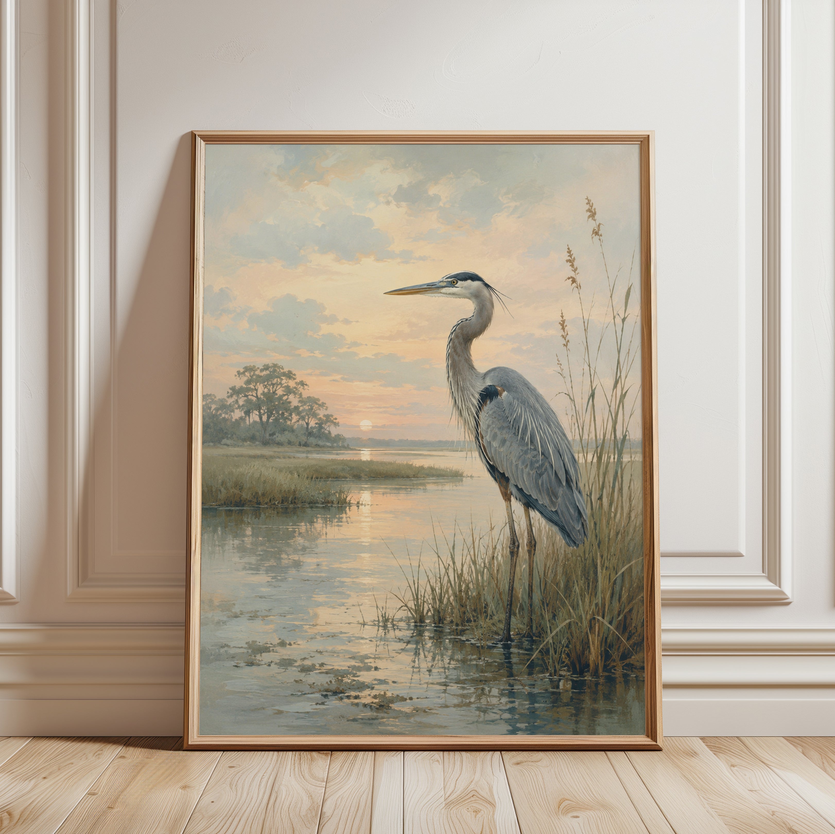 Blue Heron Wetland Bird Print - framed detail