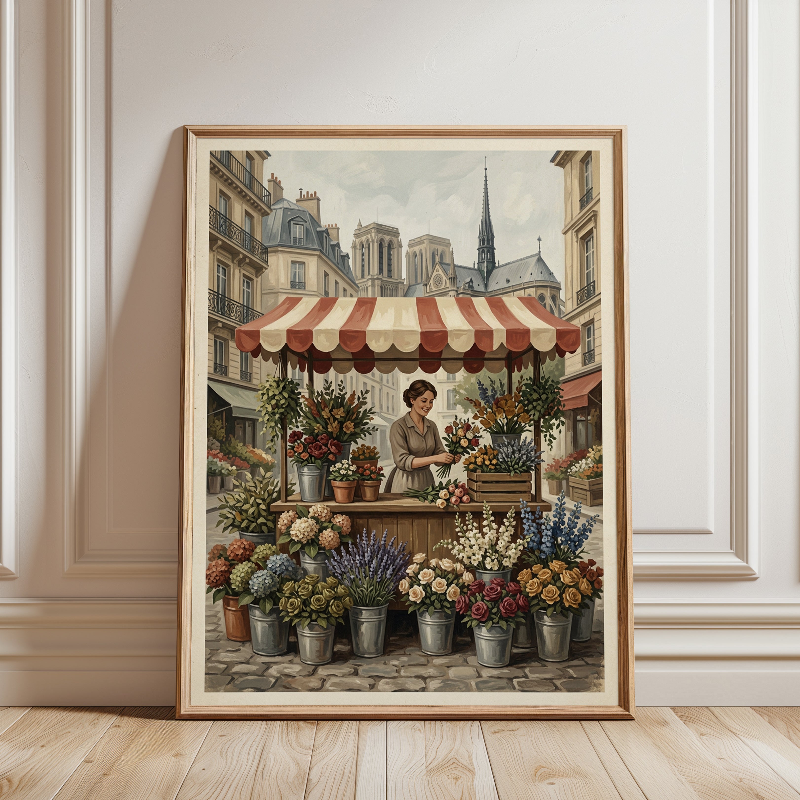 Parisian Flower Market Poster: Vintage French Street Scene Art - framed detail