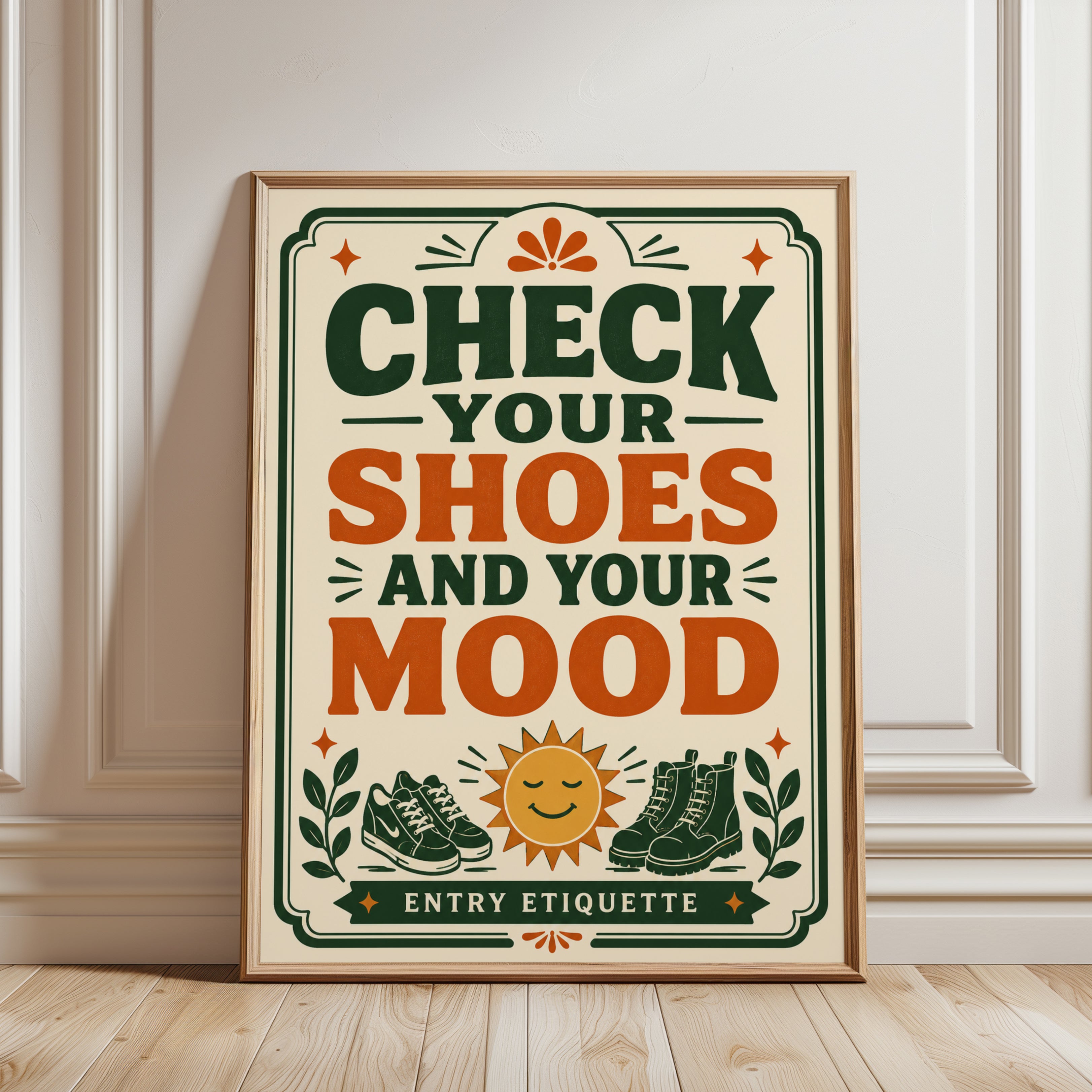 Entryway Wall Art – Check Your Shoes Sign - framed detail