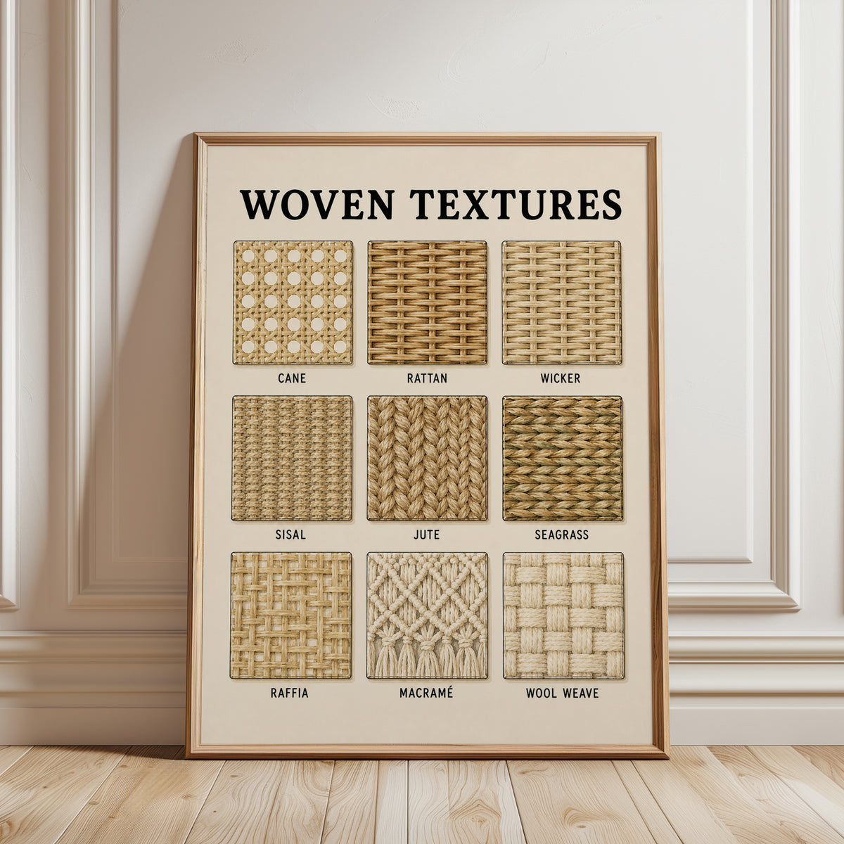 Woven Textures Chart Print: Natural Fibers for Boho Coastal Decor - framed detail