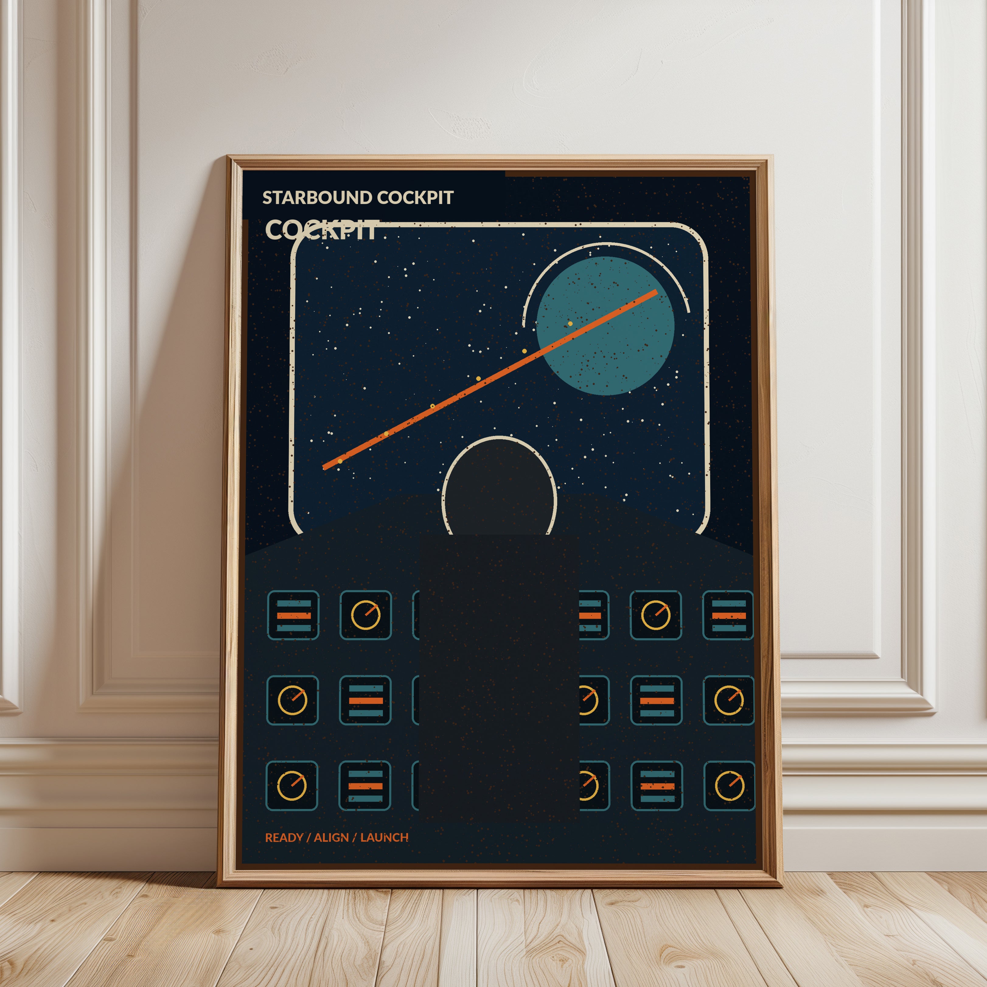 Starbound Cockpit Print: Retro Space Control Panel Art - framed detail
