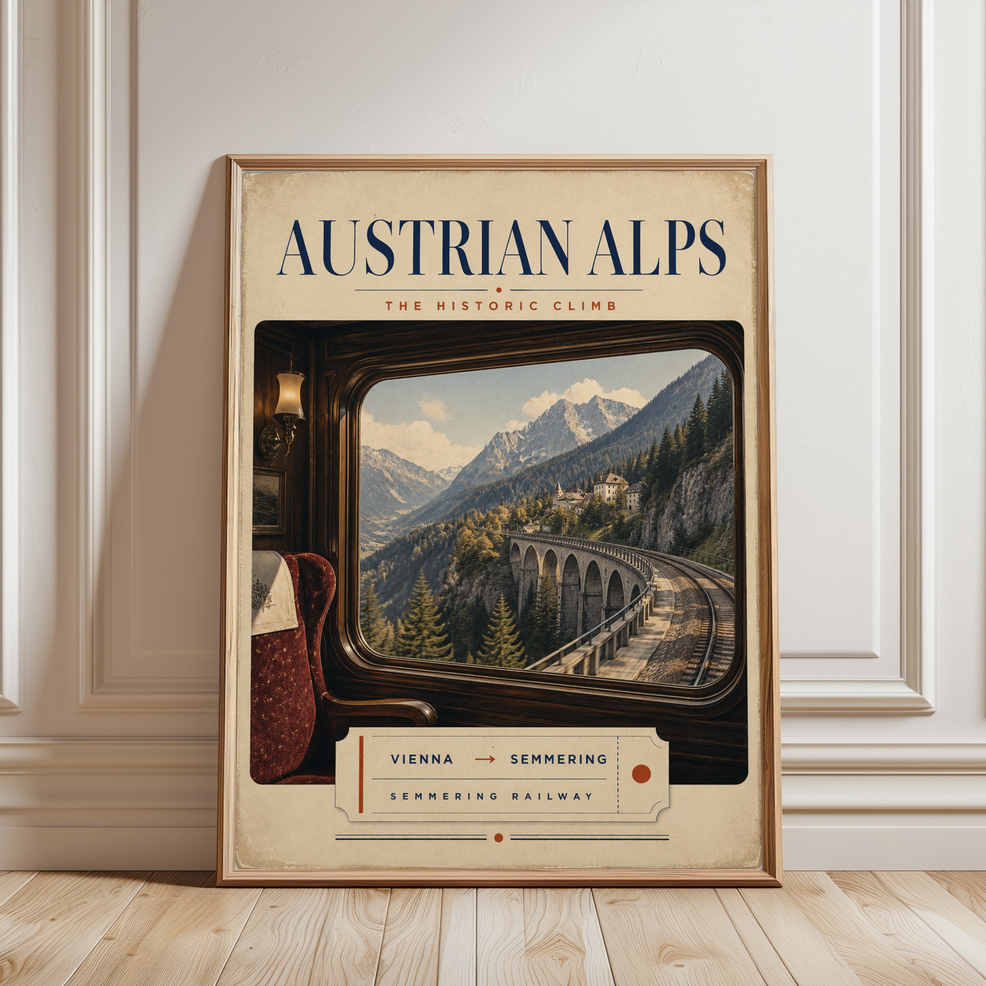 Austrian Alps Railway Poster: Vintage Travel Art Print - framed detail