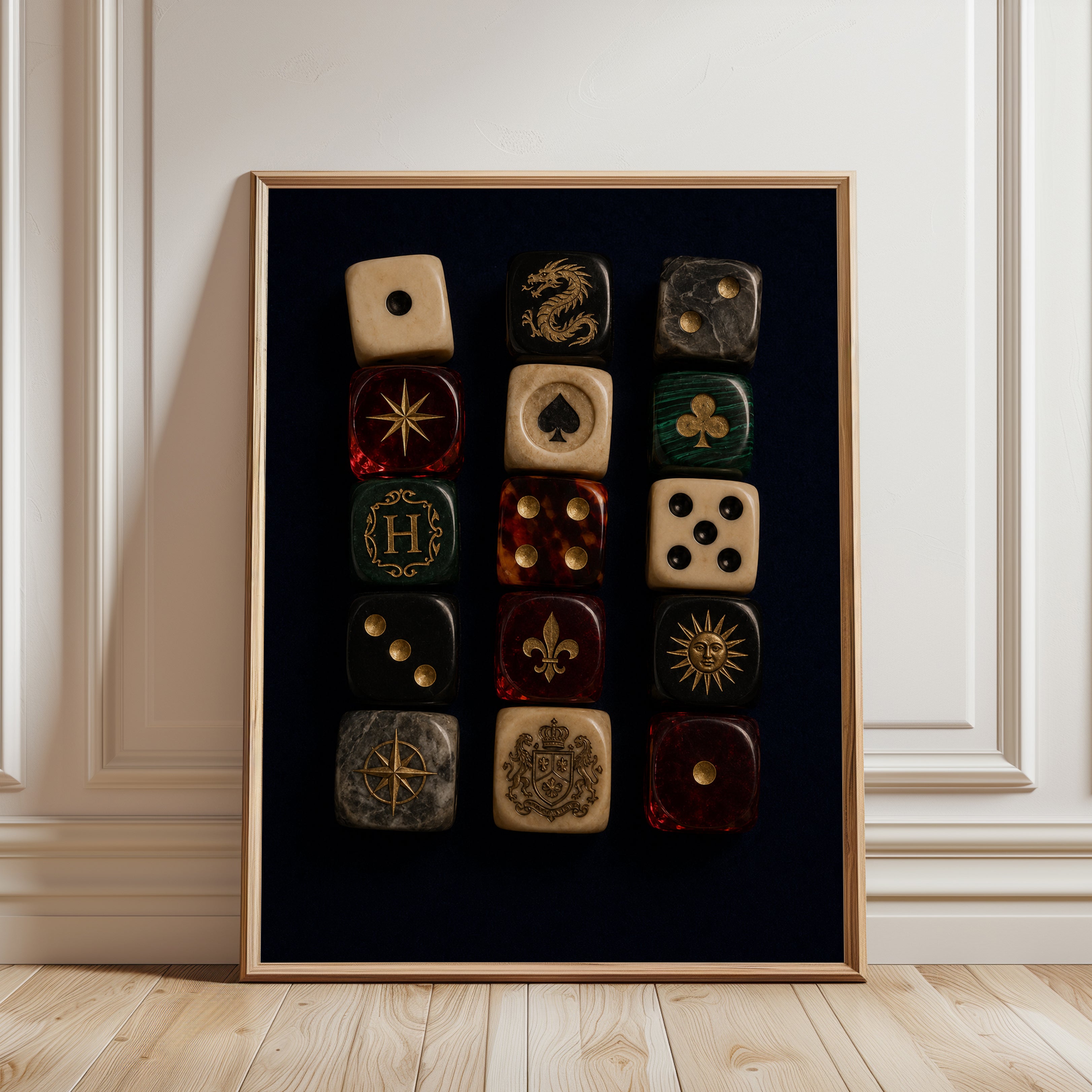 Vintage Dice Collection Wall Art: Ornate Gaming Symbols Print - framed detail