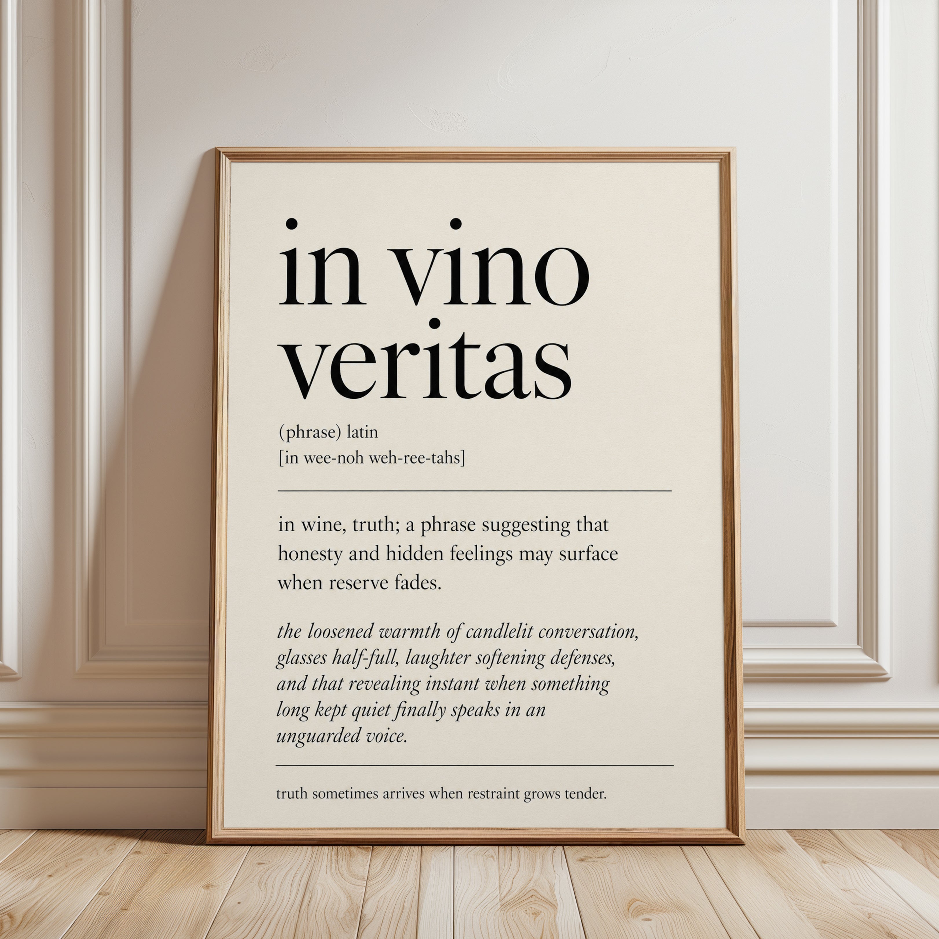 In Vino Veritas Latin Quote Print: Minimalist Typography Art - framed detail