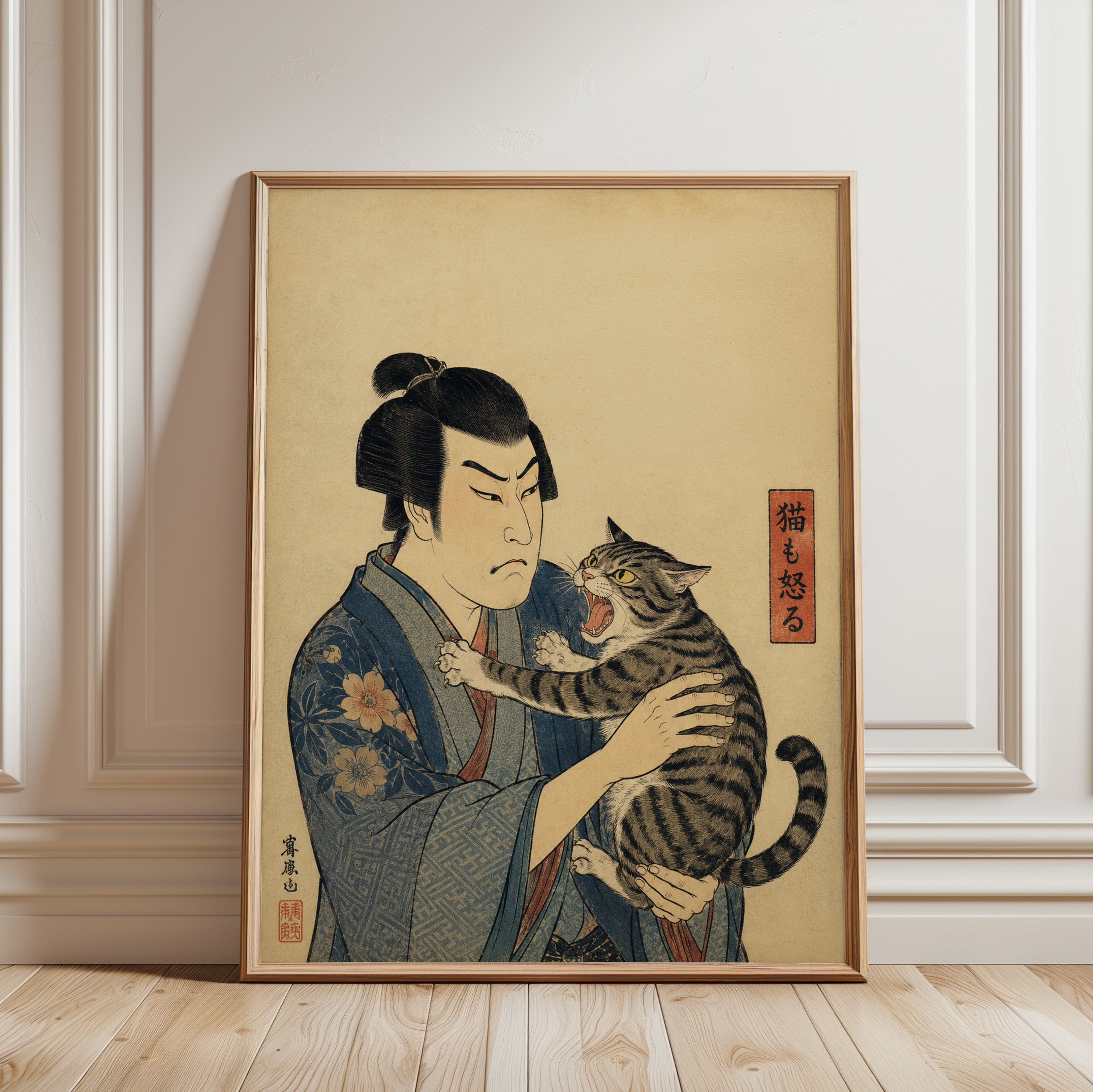 Japanese Cat Wall Art – Ukiyo-e Print - framed detail
