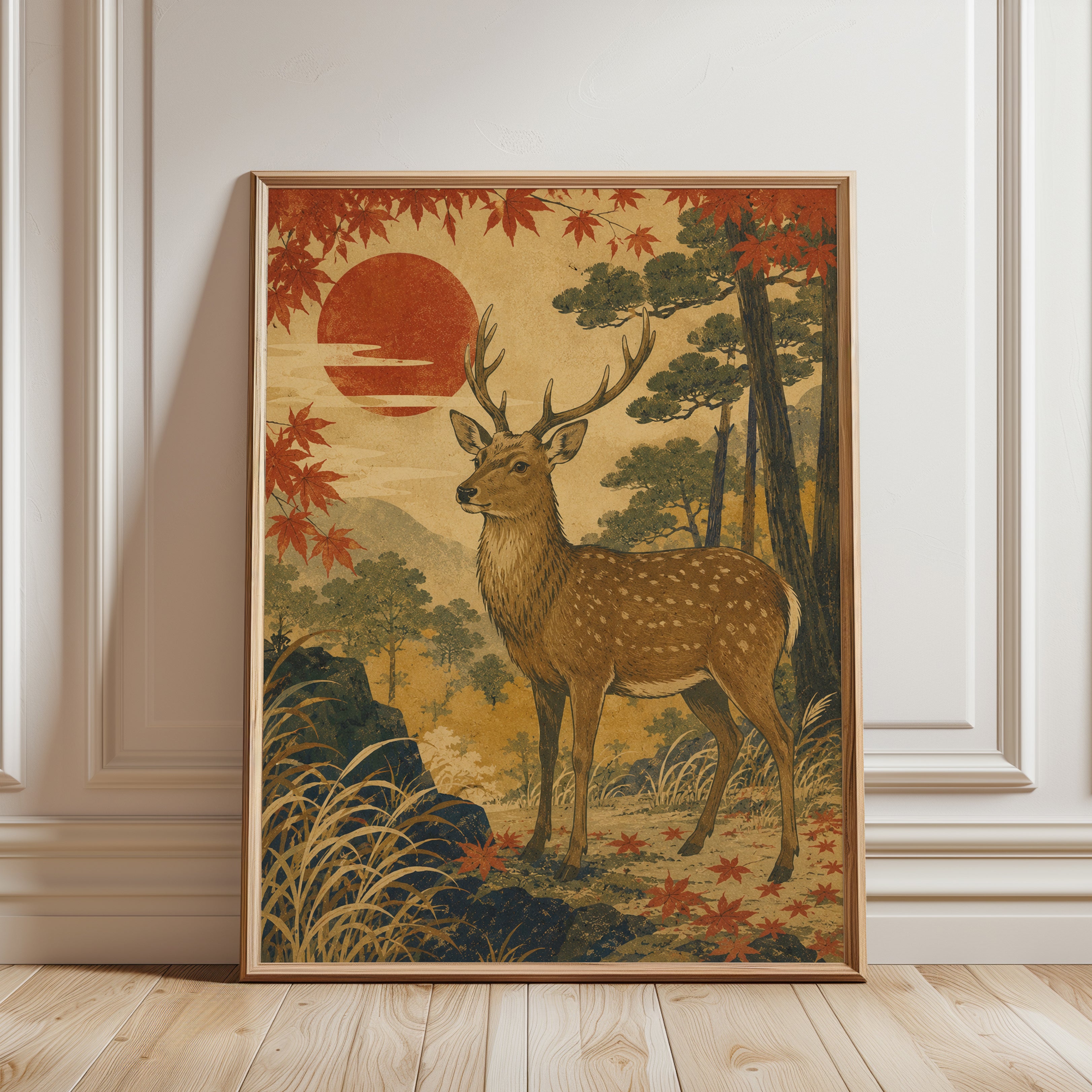 Japanese Deer Art Print: Vintage Autumn Sunset Forest Scene - framed detail