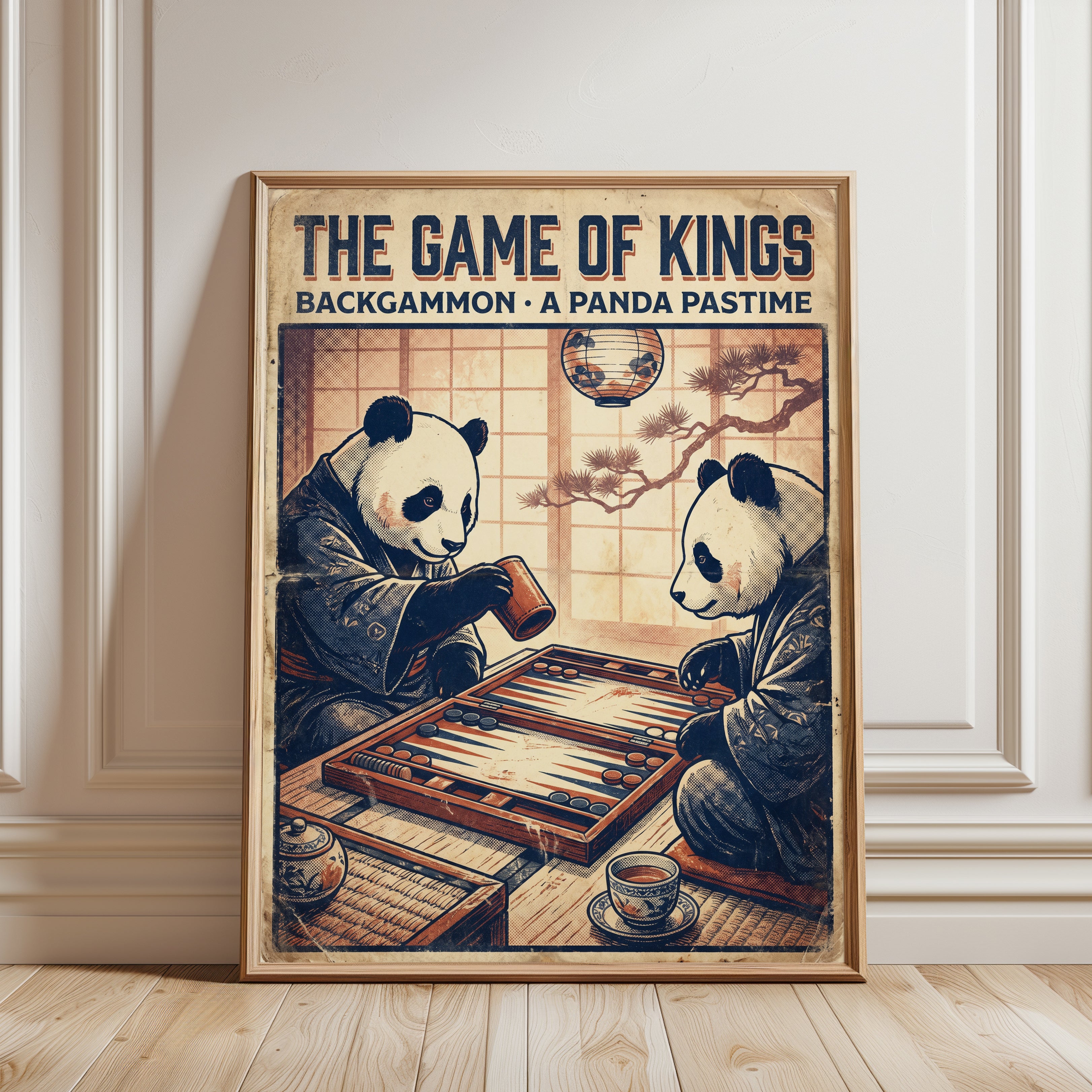 Backgammon Panda Print — Vintage Japanese Style Game Room Art - framed detail