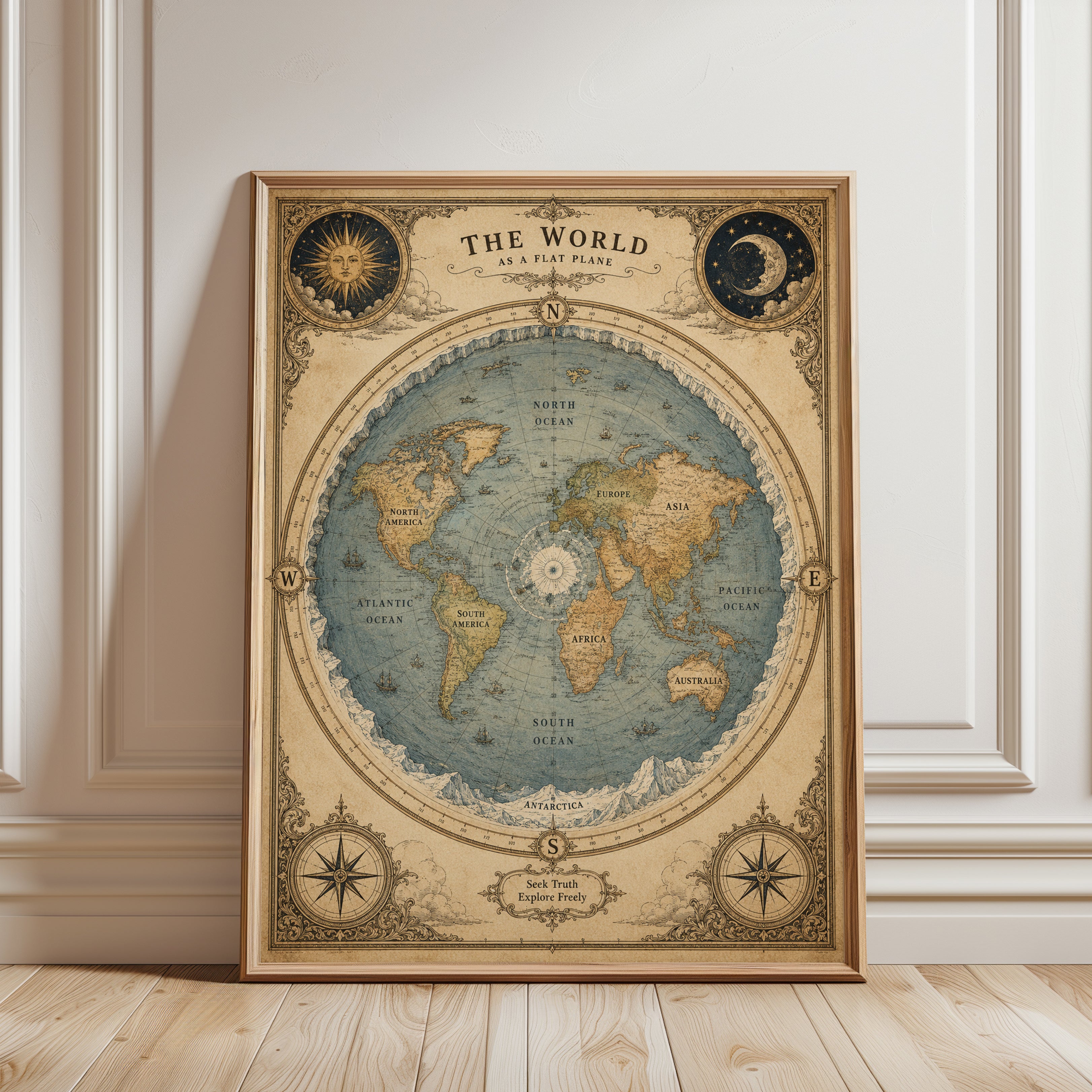 Flat Earth Map Poster – Vintage World Map Print - framed detail