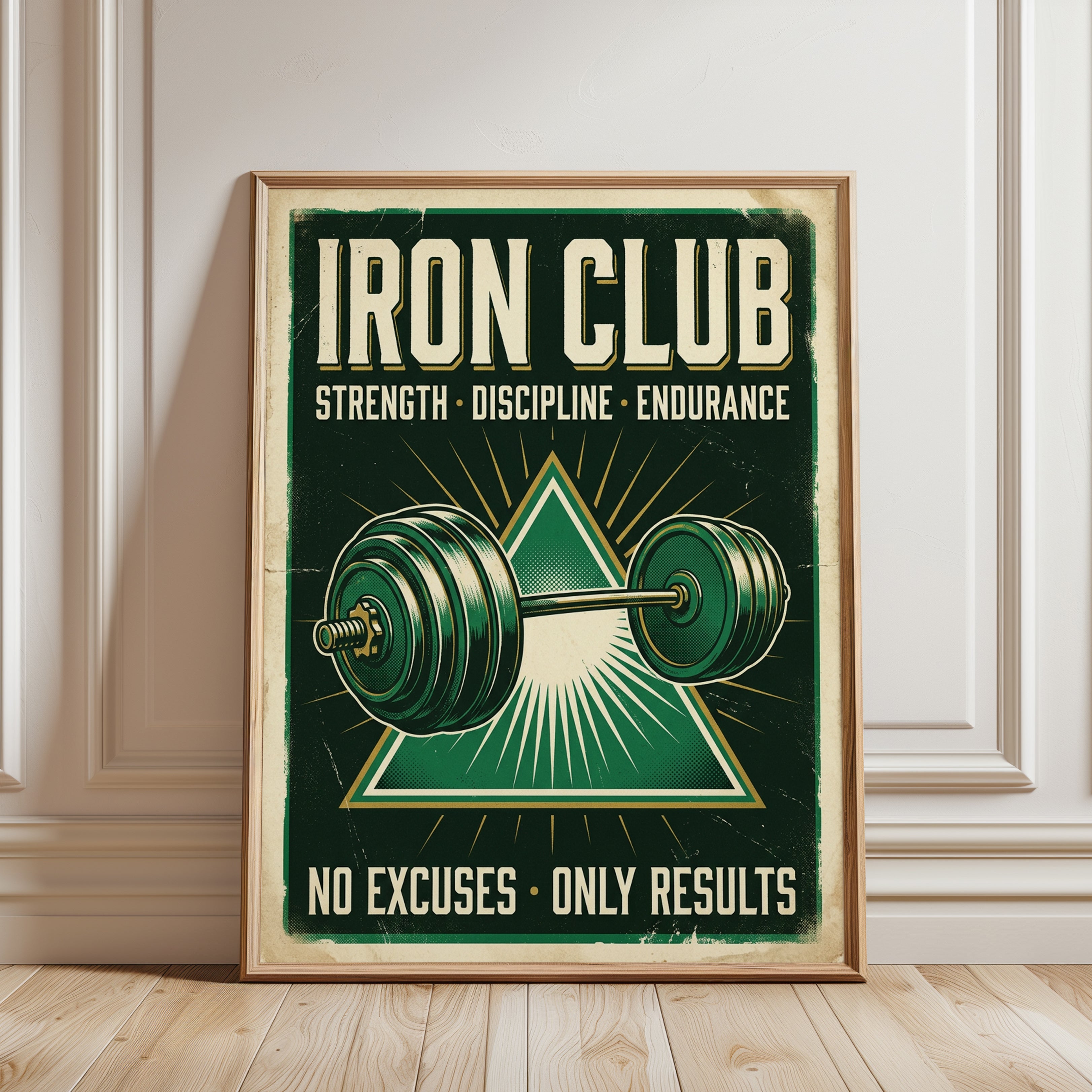 Iron Club Barbell Poster: Vintage Green Gym Motivation Art Print - framed detail