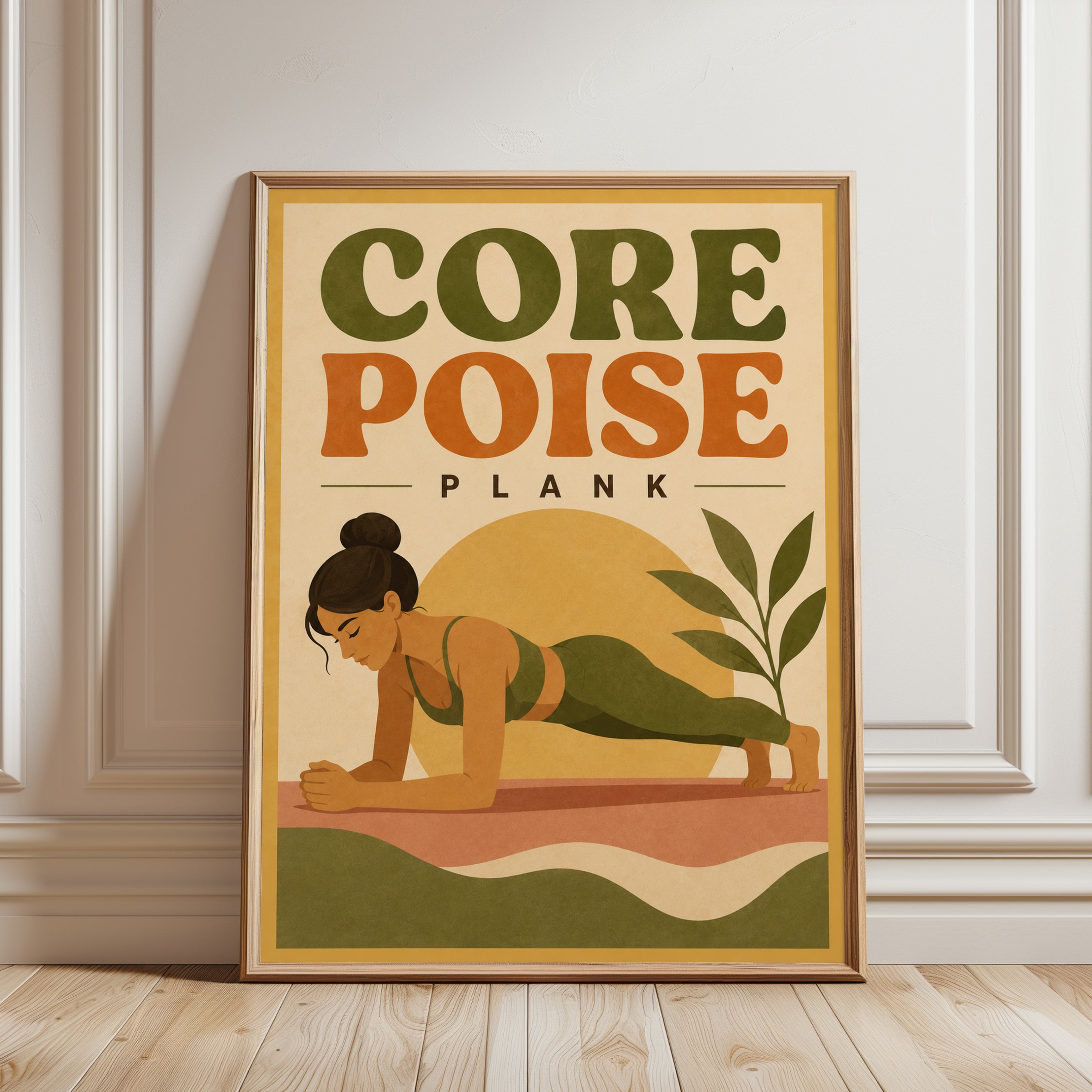 Vintage Yoga Print: Plank Pose Fitness Art (Home Gym & Studio) - framed detail