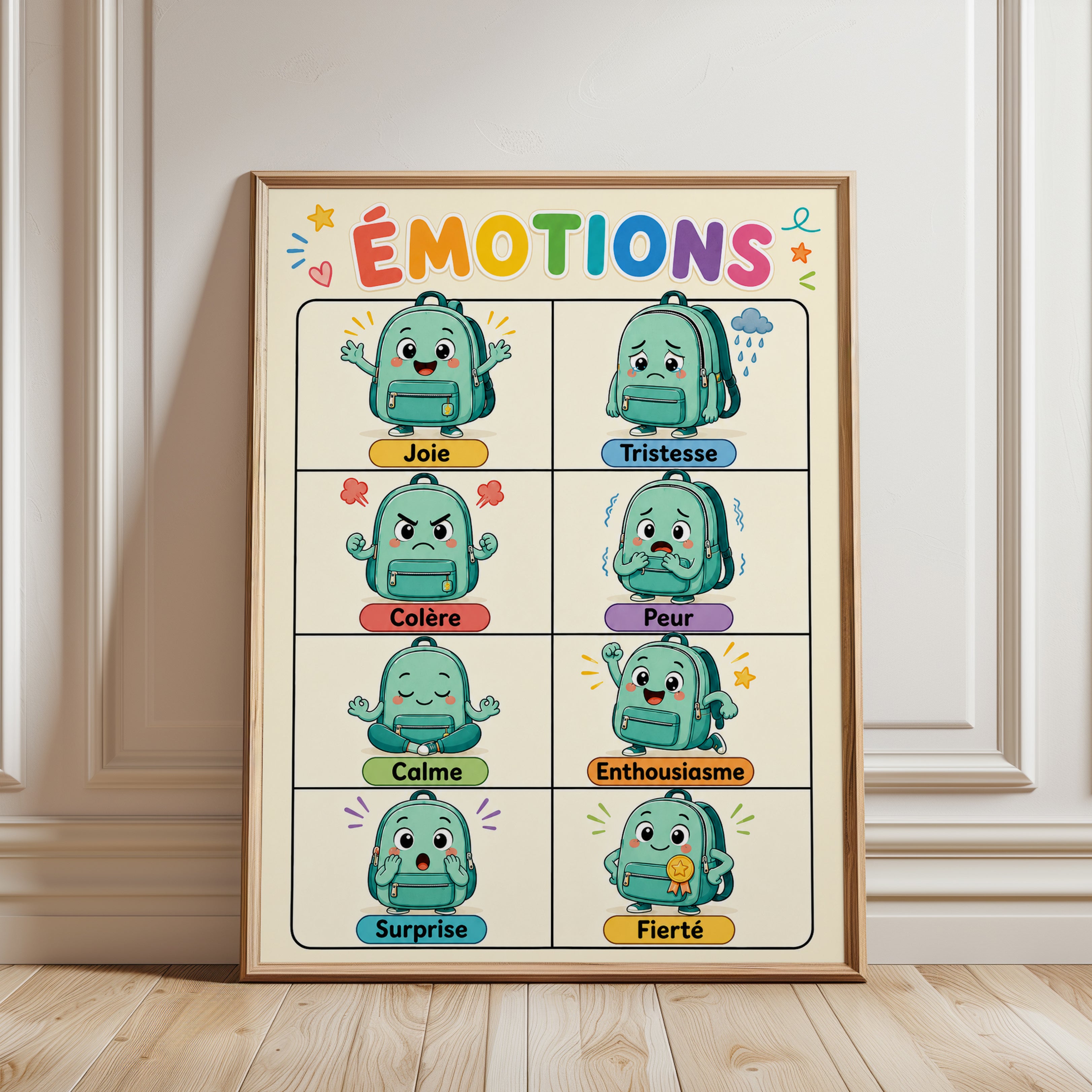 French Emotions Chart Poster: Colorful Educational Art Print - framed detail