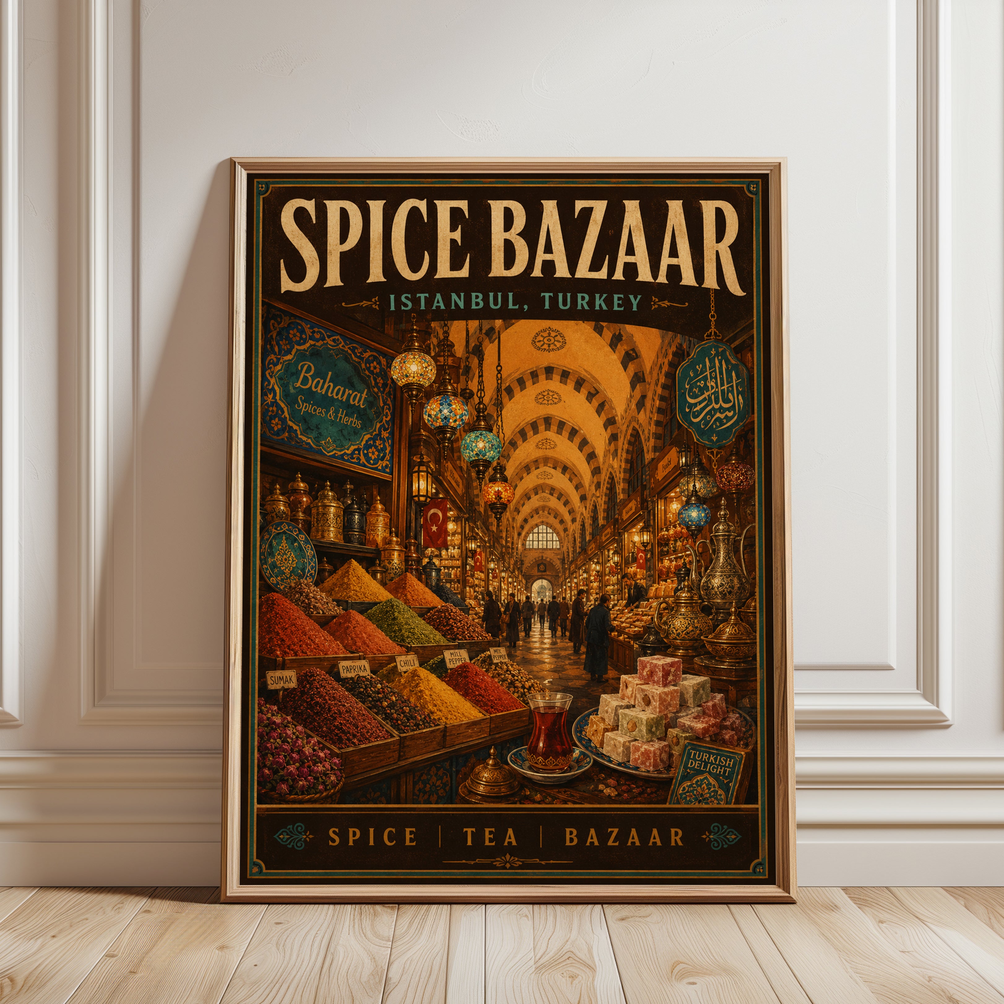 Spice Bazaar Vintage Travel Poster — Istanbul Turkey Market - framed detail