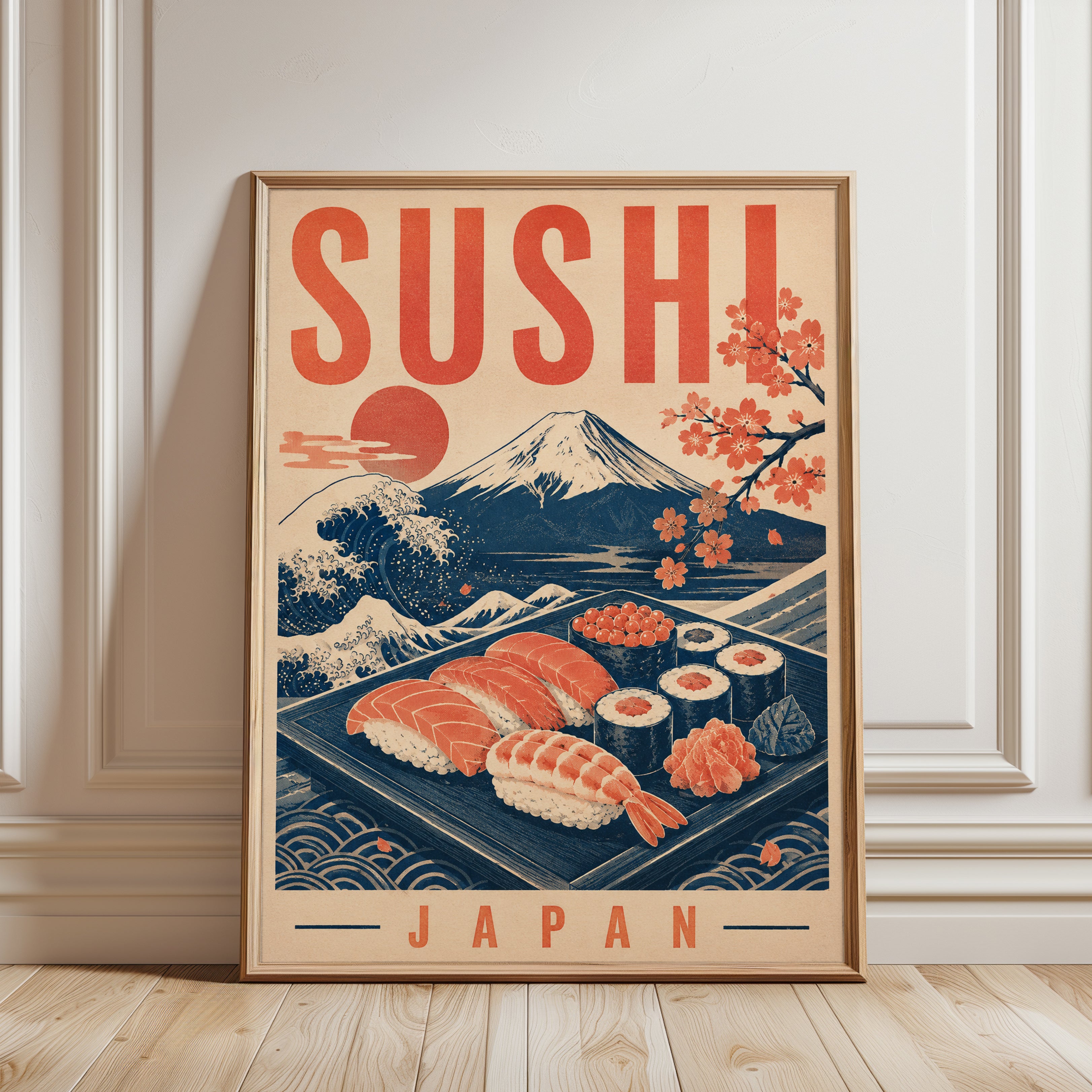 Sushi Travel Poster: Mid-Century Japan Art - framed detail