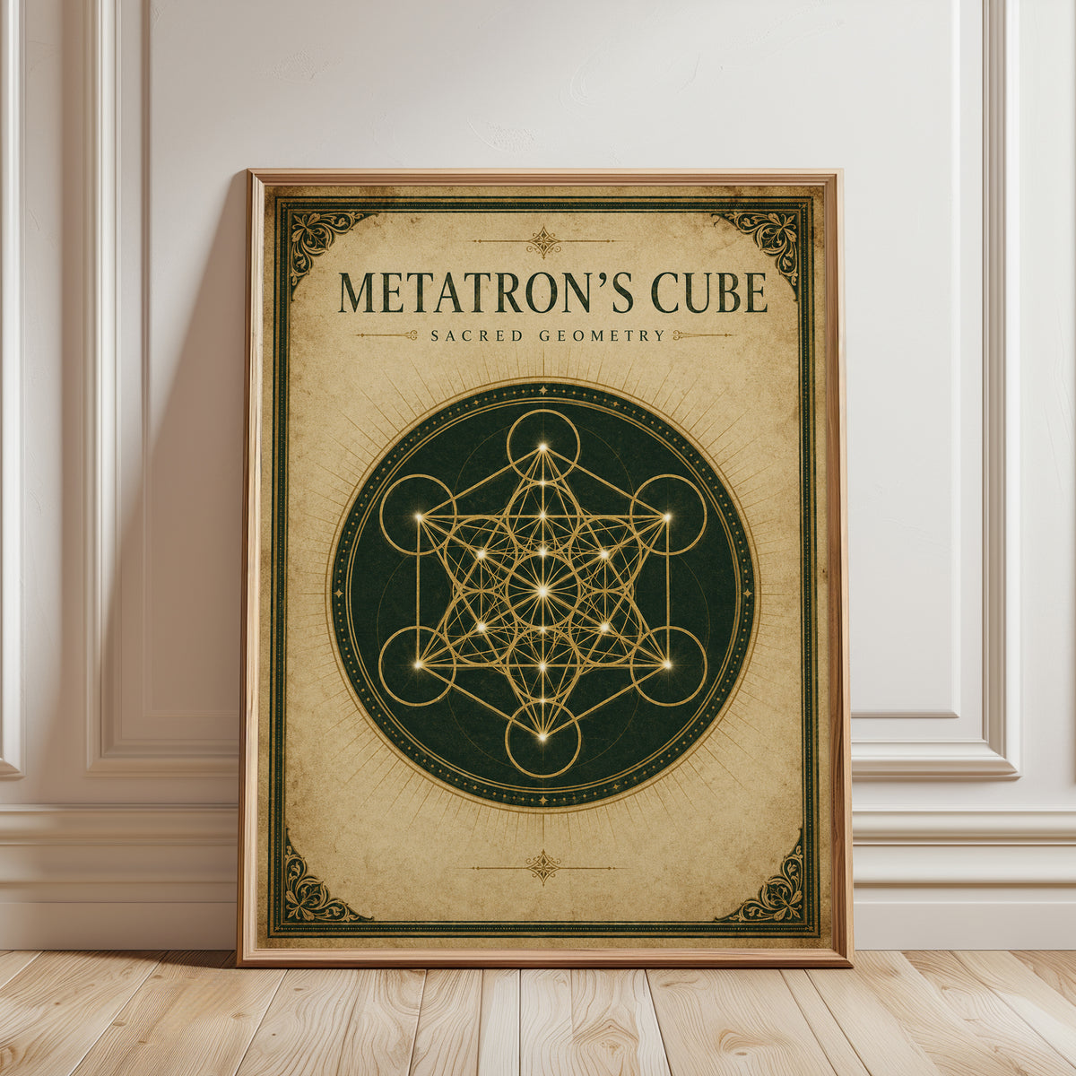Sacred Geometry Print: Metatron's Cube (Gold Linework on Green) - framed detail