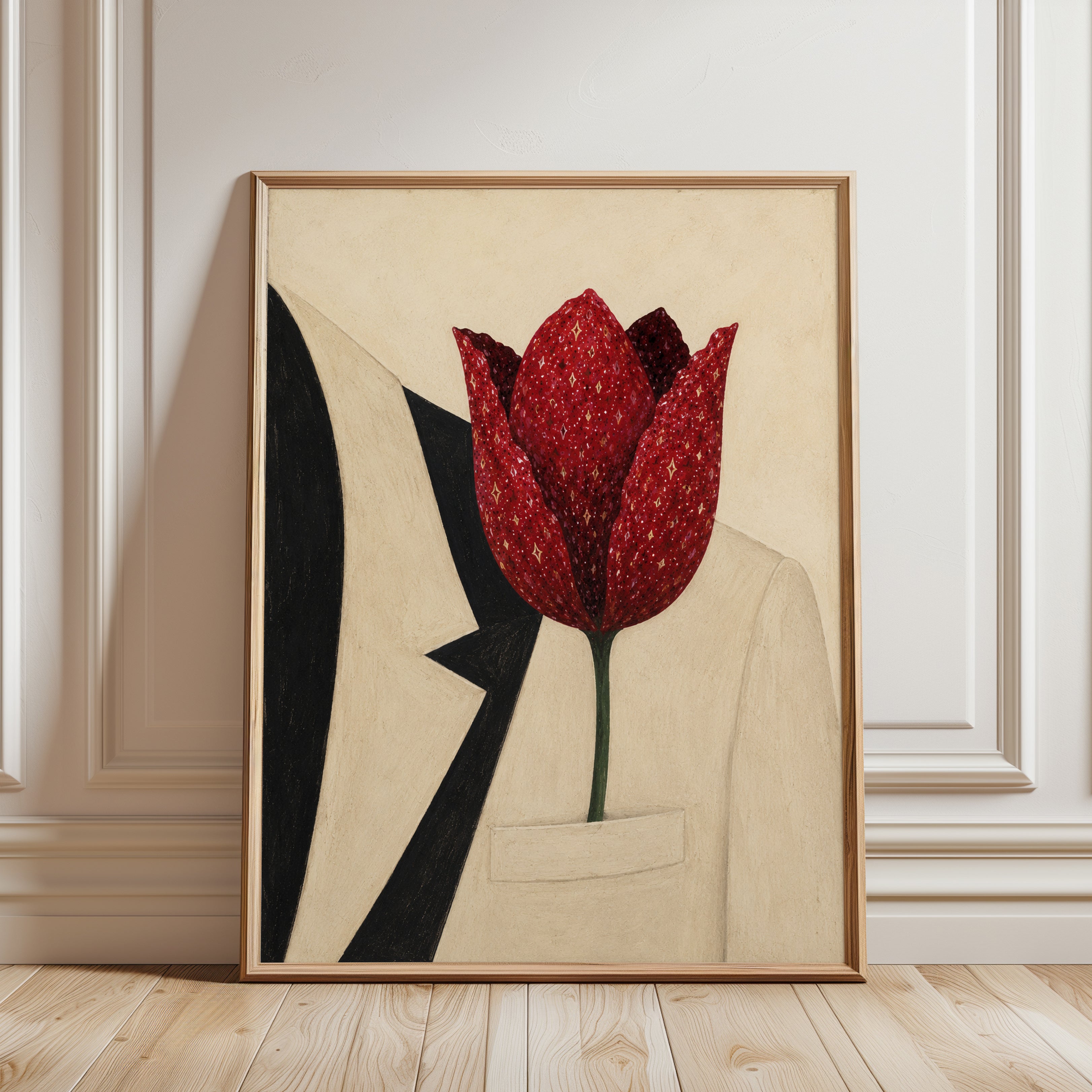 Red Tulip Art Print: Modernist Botanical Collage Design - framed detail