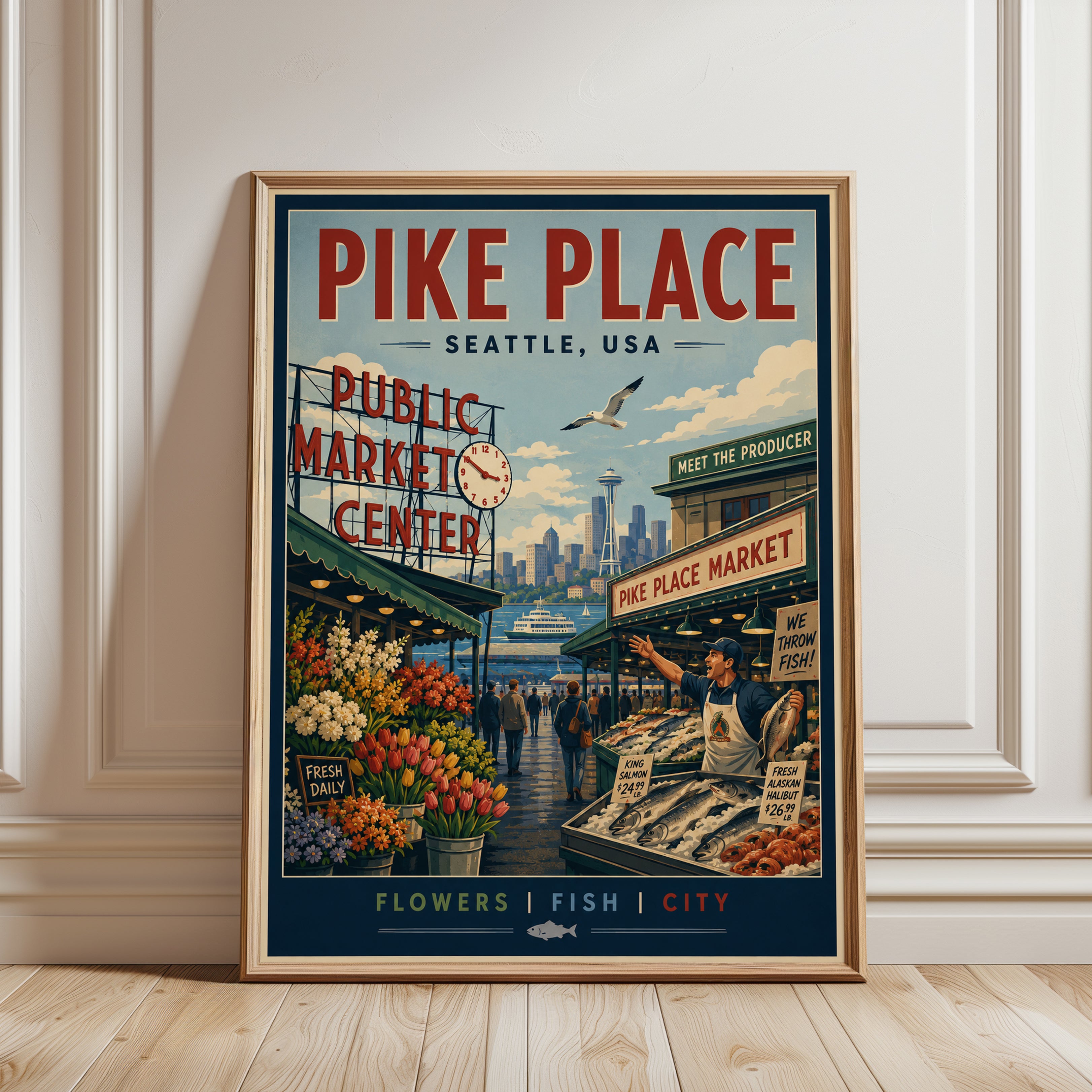 Pike Place Market Poster — Vintage Seattle Travel Print - framed detail