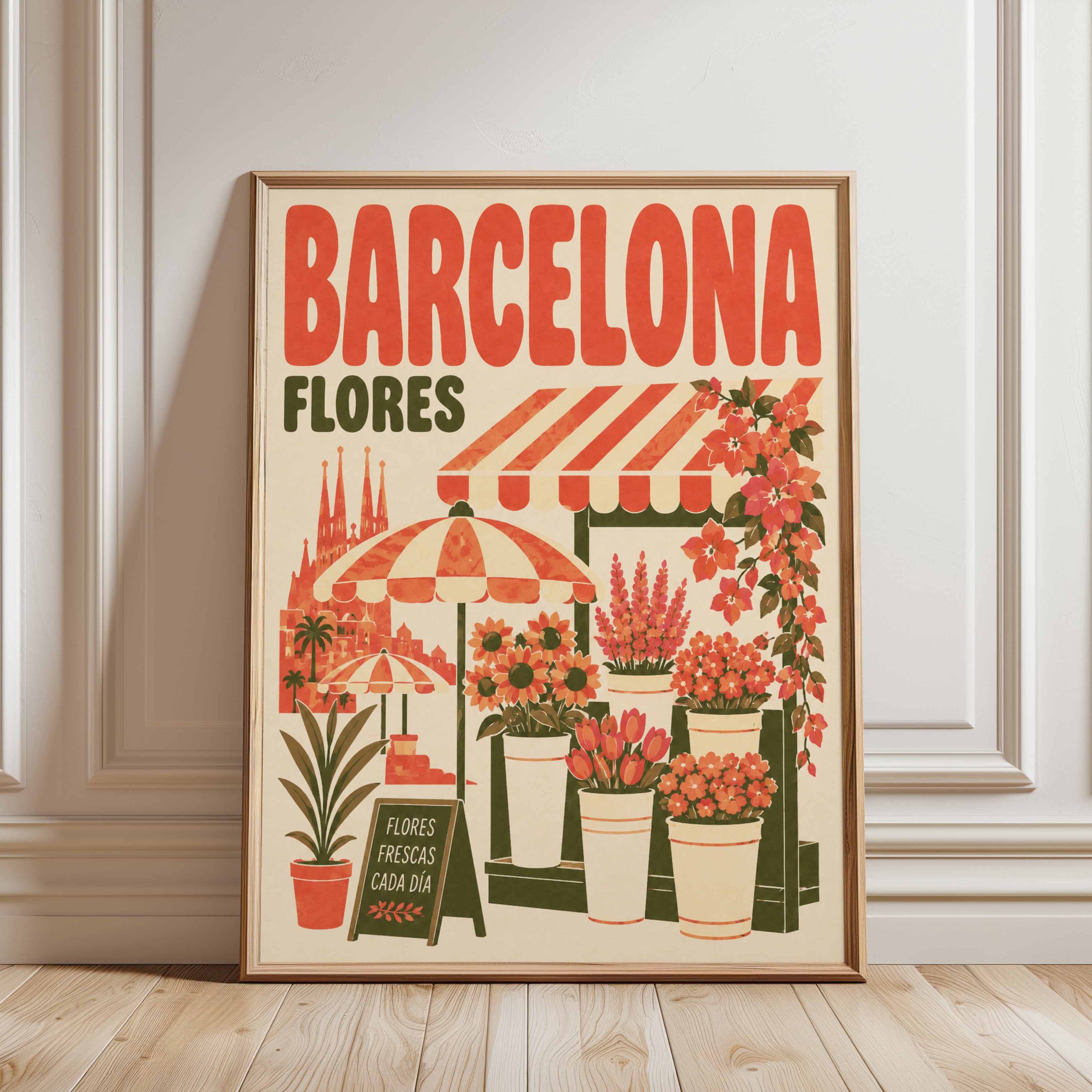 Vintage Travel Poster: Barcelona Flower Market - framed detail