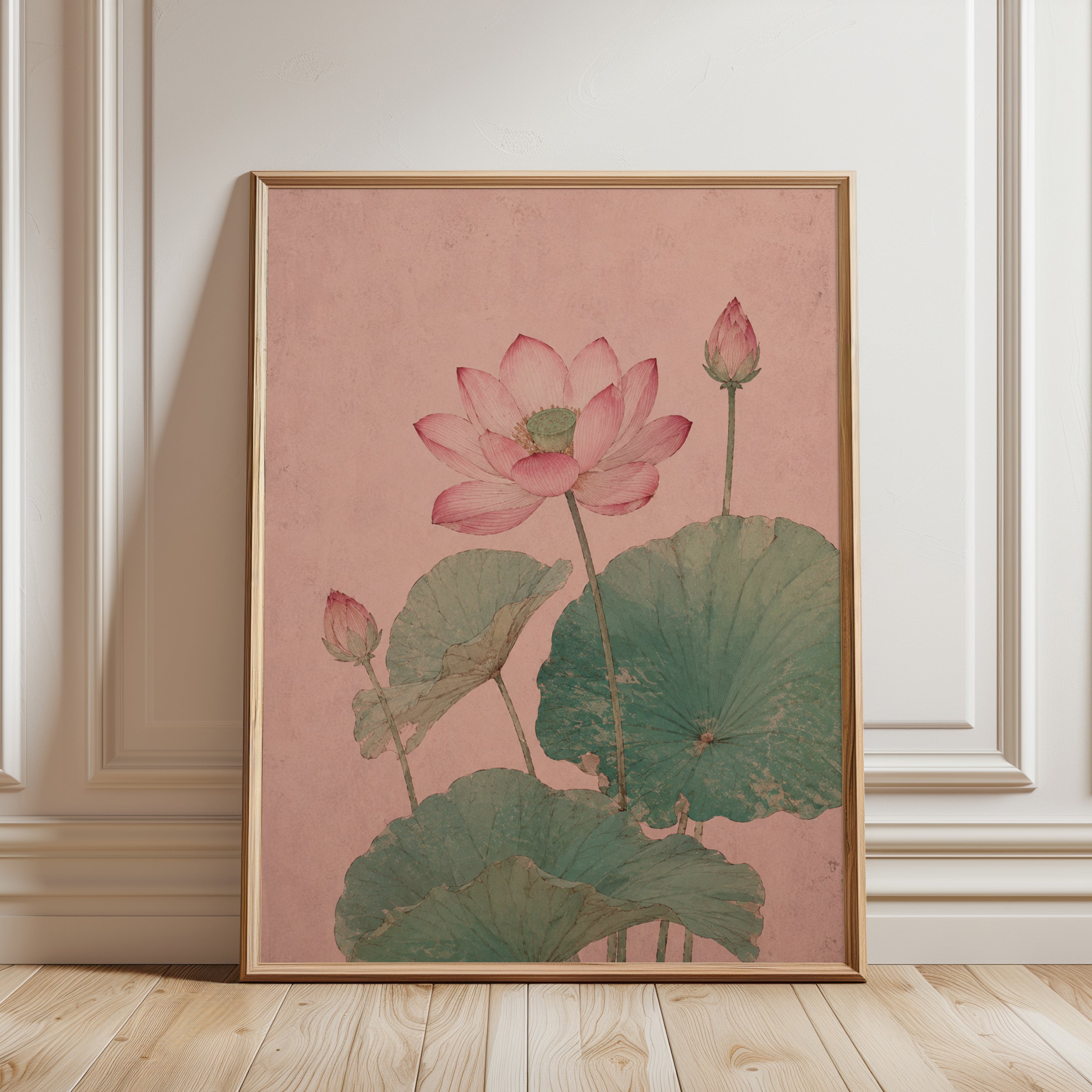 Lotus Flower Botanical Print — Vintage East Asian Watercolor - framed detail