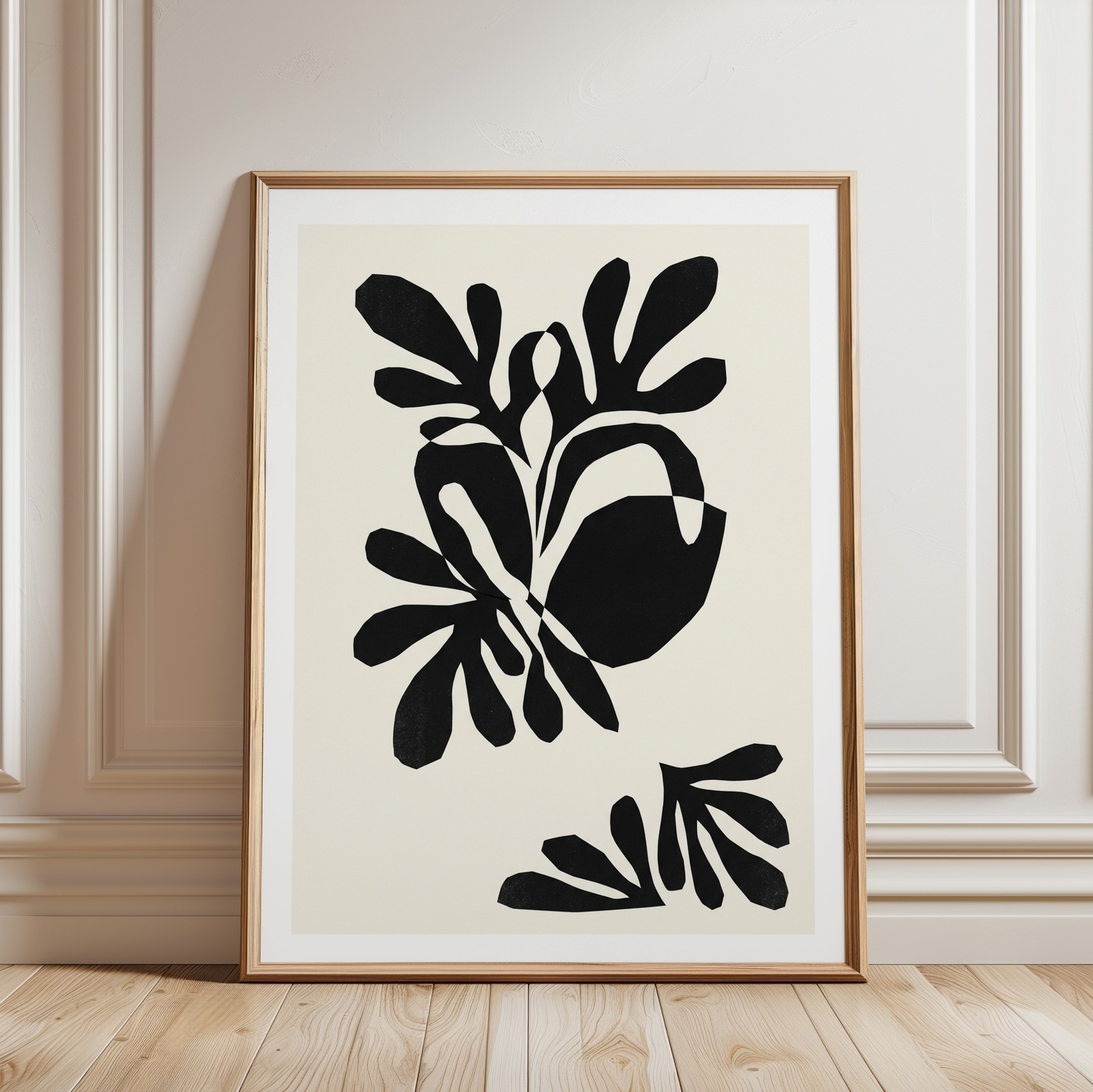 Abstract Botanical Cutout: Matisse Style Black and Cream Wall Art - framed detail
